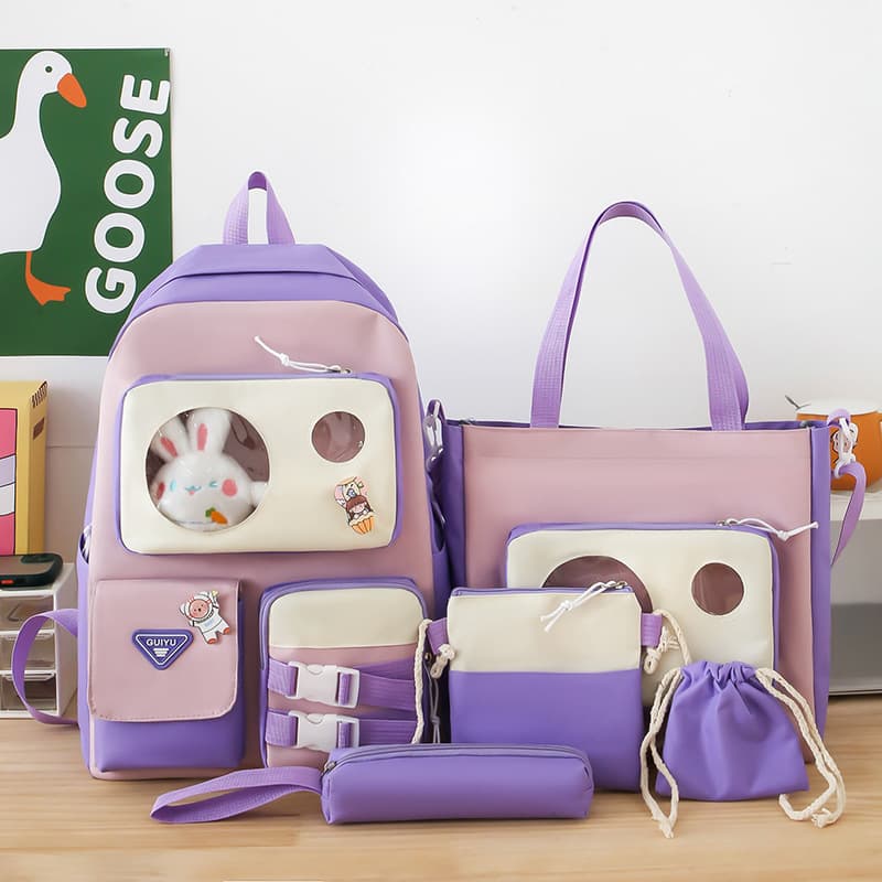 Ensemble de sacs d’école Kawai pour adolescents 5Pcs Guiyu V2 Mauve – محفظة 5 قطع كاواي بنفسجي - Sac à dos et Mode - صورة 1