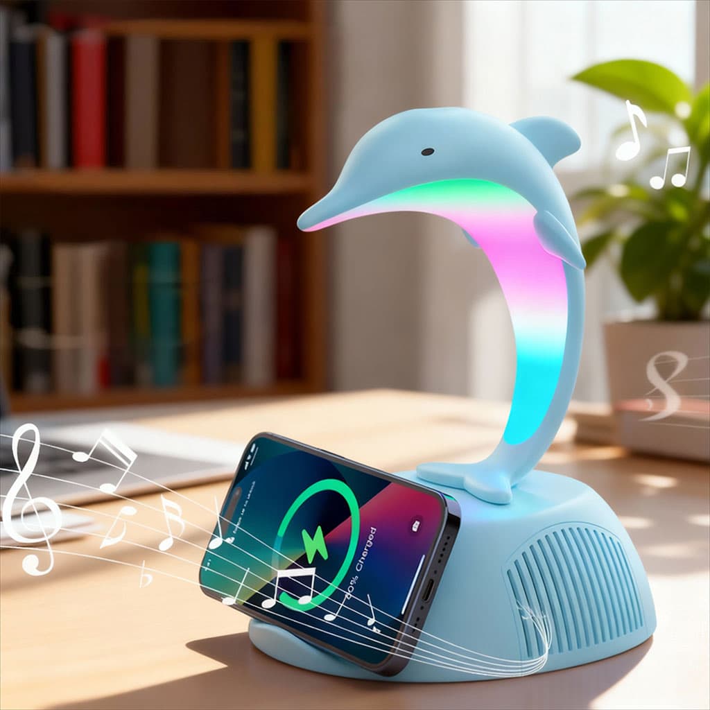 Haut-Parleur Bluetooth Dauphin avec Lampe d’Ambiance LED RGB et Chargeur Sans Fil 15W - Électronique - صورة 1