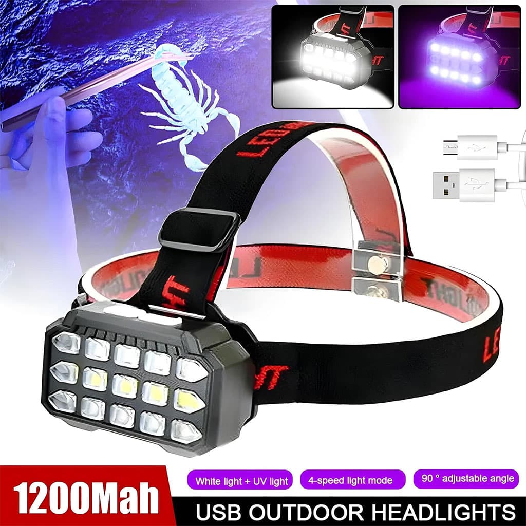 Lampe Frontale LED Rechargeable avec UV SQ-818-UV - مصباح الرأس القابل للشحن بإضاءة مزدوجة - Camping et Randonnée - صورة 1