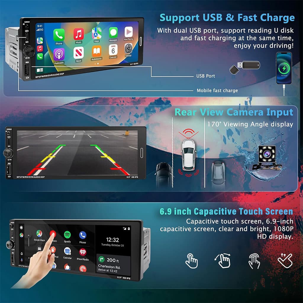 جهاز راديو سيارة لمسي | Autoradio 1 DIN 6.9 Pouces | CarPlay Wireless Android Auto — صورة 3
