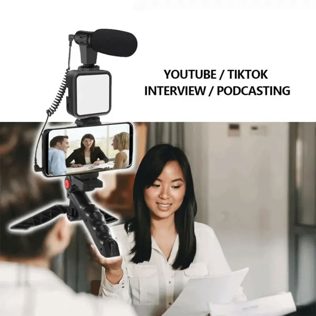 Kit d’enregistrement vidéo pour smartphone et appareil photo avec microphone à LED intégré – طقم تصورير إحترافي مع ميكروفون وإضاءة مدمجة — صورة 2