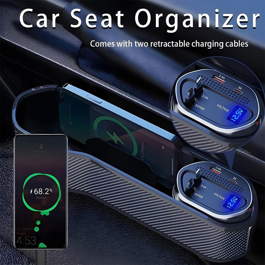 Organisateur 5 en 1 pour siège auto avec chargeur sans fil et 2 câbles télescopiques — صورة 1