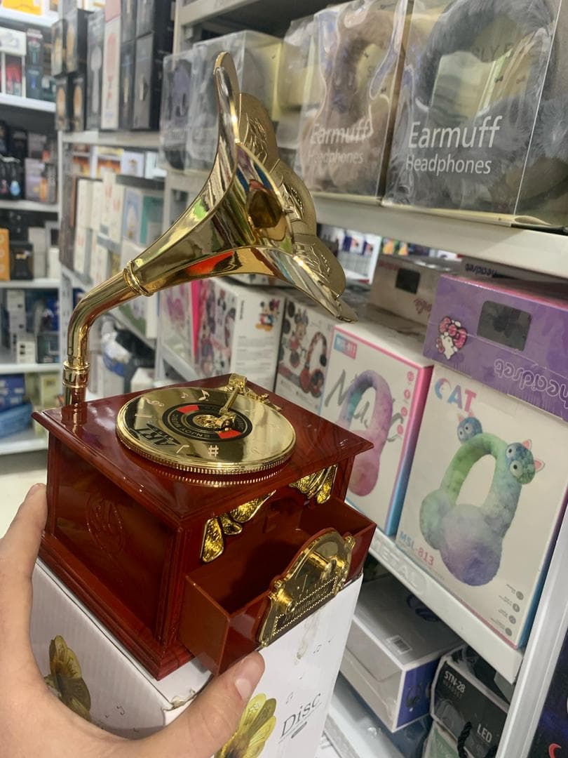 Phonographe trompette dorée et boîte à Bijoux Décorative – صندوق موسيقي — صورة حقيقية 8