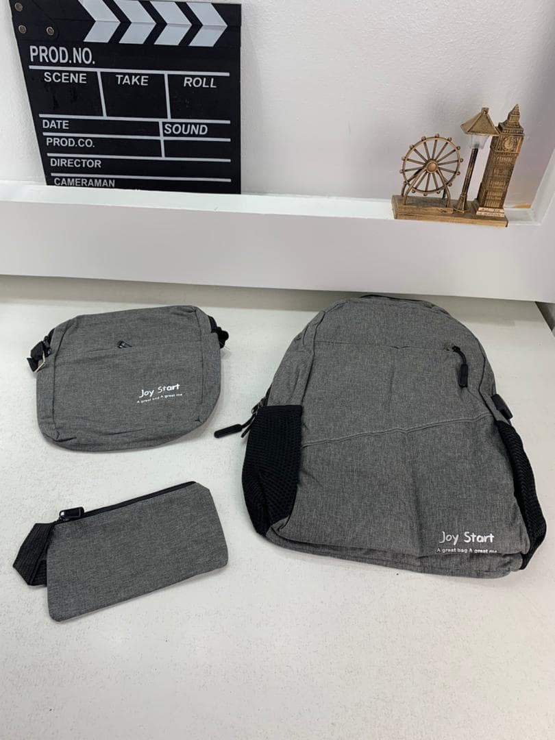 Sac à dos homme avec sac bandoulière et trousse 3en1 gris 2755-8 – محفظة ظهر رجالية 3 قطع رمادي — صورة حقيقية 4