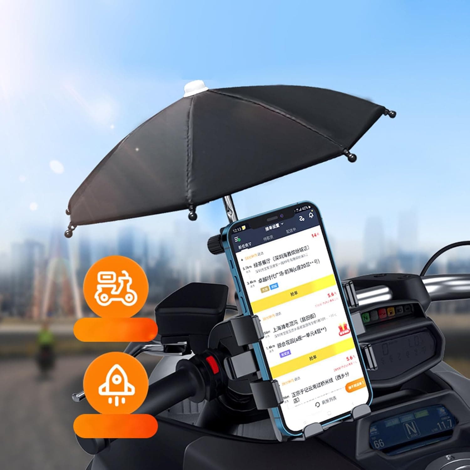 Support Téléphone Moto Avec Parapluie Intégré Protection Pluie et Soleil - حامل ومثبت الهاتف الذكي للدراجات النارية مع مظلة واقية من المطر والشمس - Électronique - صورة 2