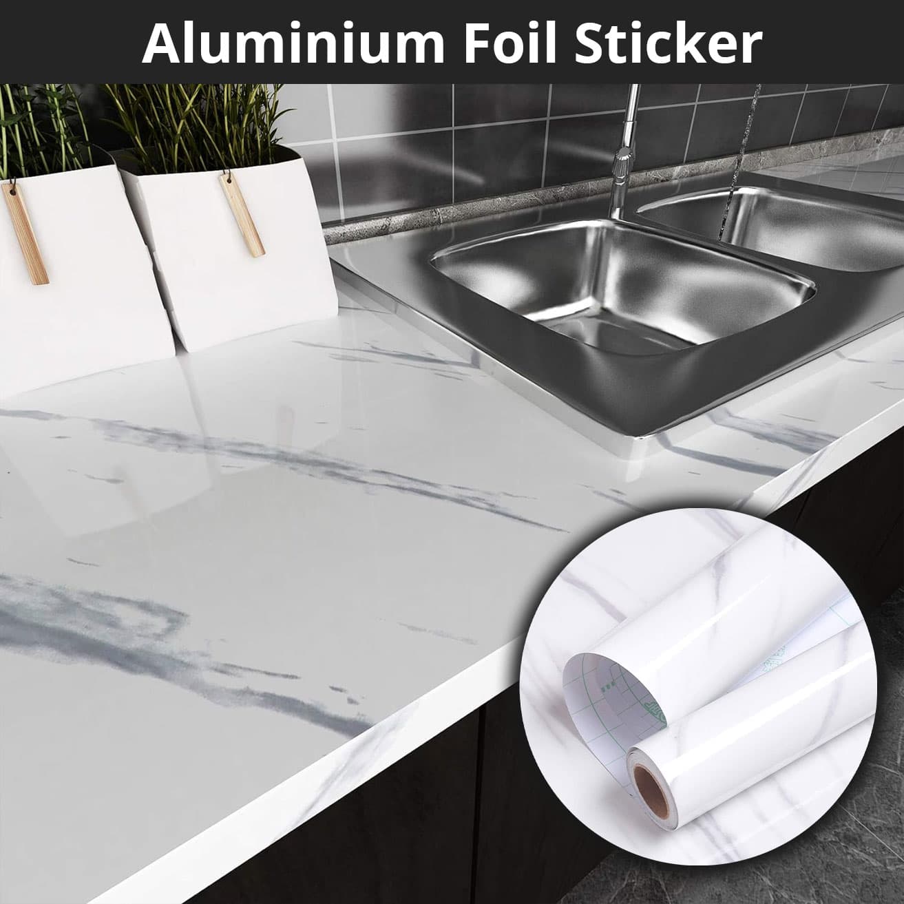 Papier Peint Adhésif en Aluminium pour Cuisine Anti-Chaleur, Anti-Huile Motif Marbré - ورق ولاصق ألومنيوم حراري مقاوم للحرارة والزيوت للمطابخ - Décoration - صورة 1