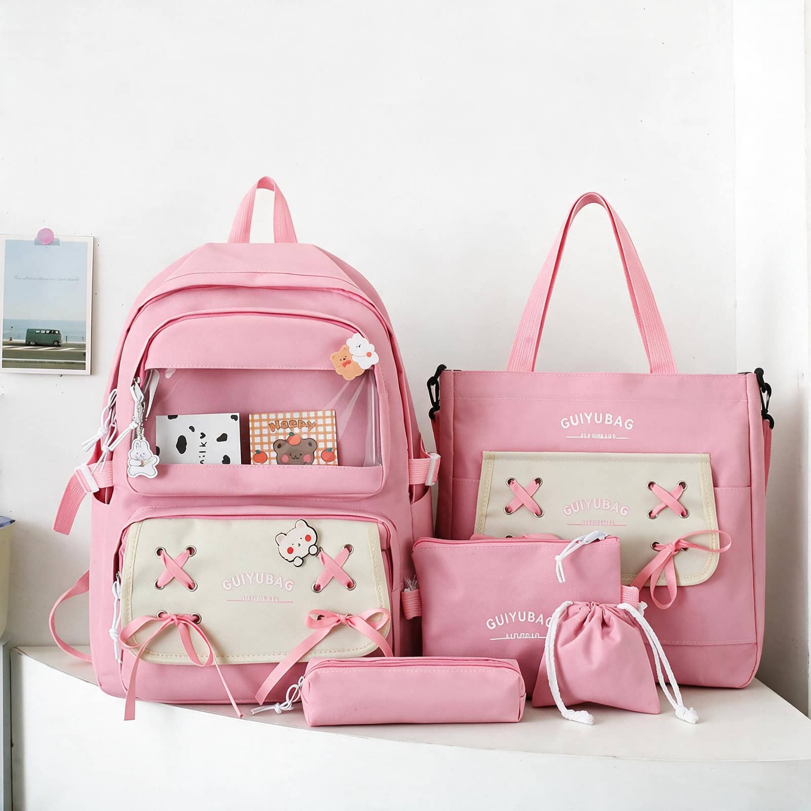 Sac à Dos Multifonctionnel Kawaii Grand Volume Imperméable et Résistant 5Pcs Rose SACKDS11RS - حقيبة ظهر بعدة قطع بتصميم كاوايي