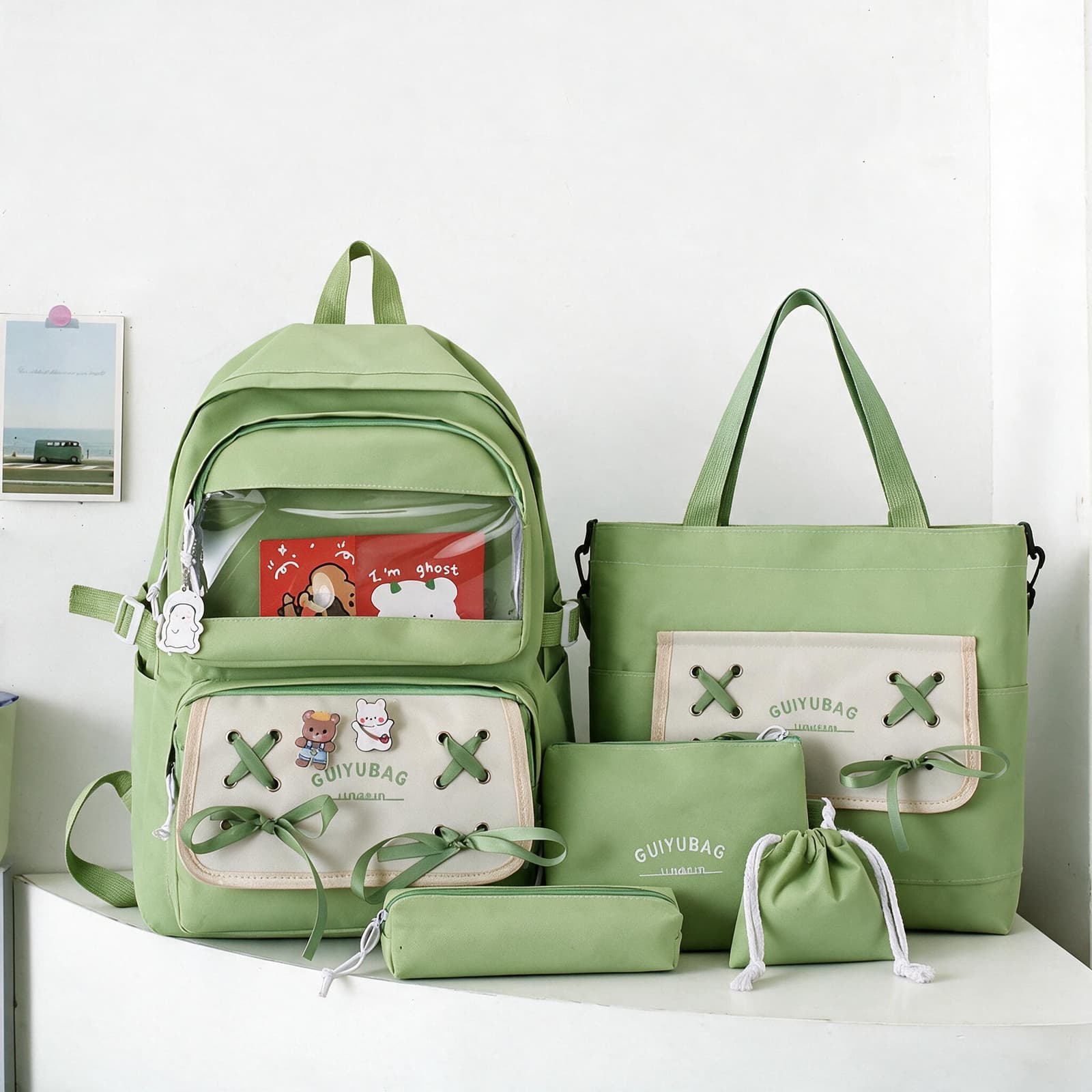 Sac à Dos Multifonctionnel Kawaii Grand Volume Imperméable et Résistant 5Pcs Vert SACKDS11VR - حقيبة ظهر بعدة قطع بتصميم كاوايي - Sac à dos et Mode - صورة 1