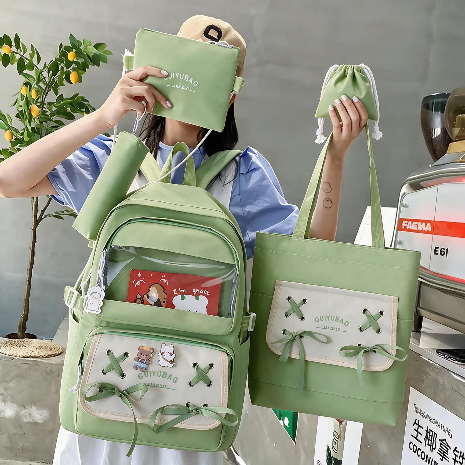 Sac à Dos Multifonctionnel Kawaii Grand Volume Imperméable et Résistant 5Pcs Vert SACKDS11VR - حقيبة ظهر بعدة قطع بتصميم كاوايي - Sac à dos et Mode - صورة 3
