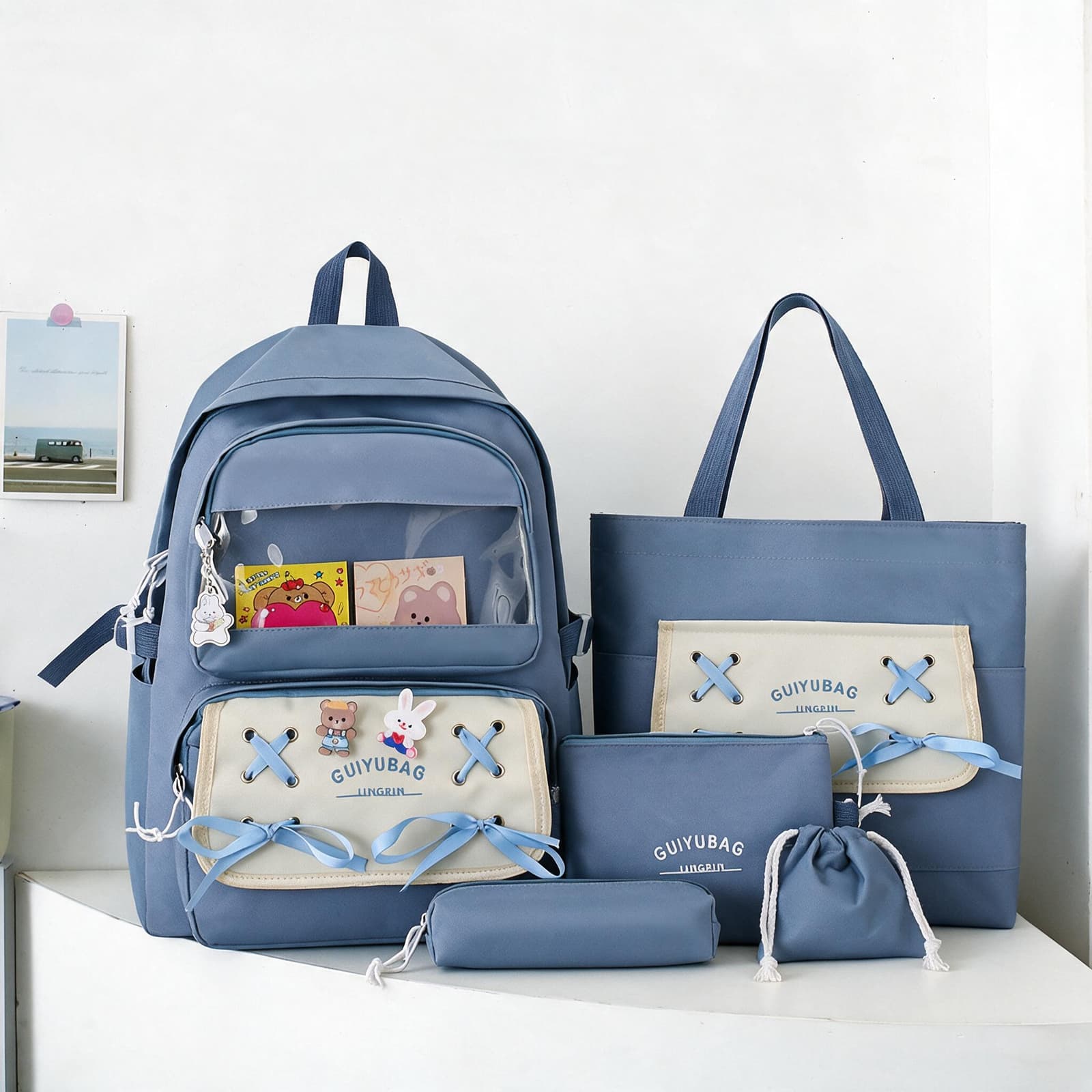 Sac à Dos Multifonctionnel Kawaii Grand Volume Imperméable et Résistant 5Pcs Bleu SACKDS11BL - حقيبة ظهر بعدة قطع بتصميم كاوايي - Sac à dos et Mode - صورة 1