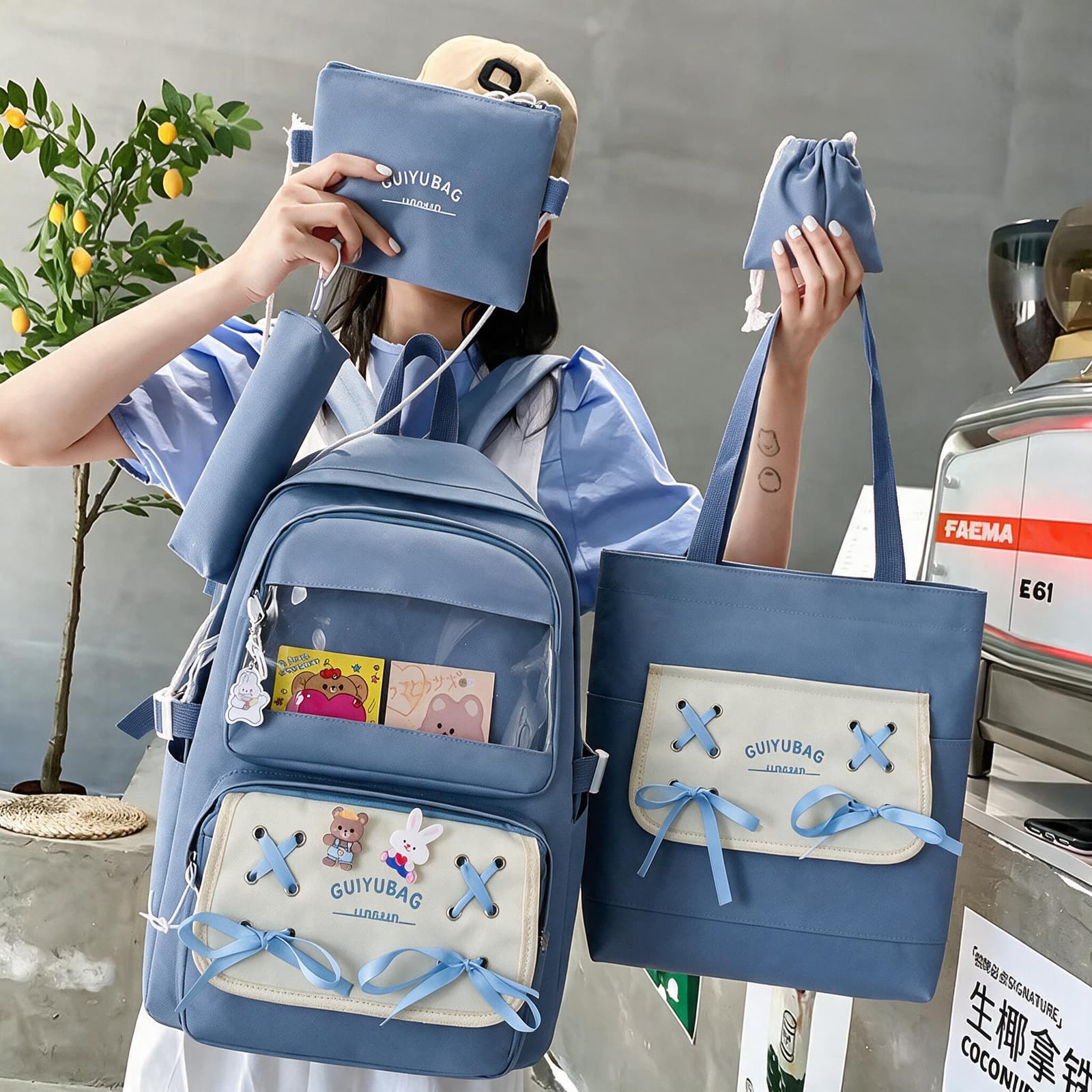 Sac à Dos Multifonctionnel Kawaii Grand Volume Imperméable et Résistant 5Pcs Bleu SACKDS11BL - حقيبة ظهر بعدة قطع بتصميم كاوايي - Sac à dos et Mode - صورة 2