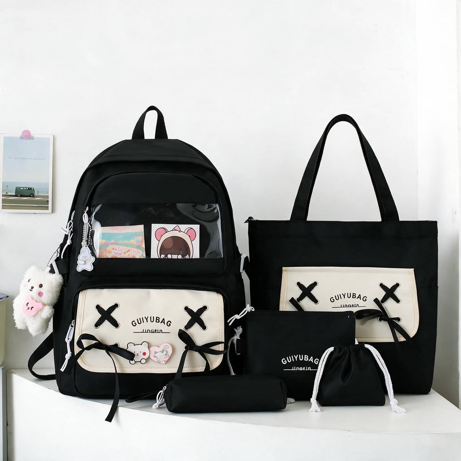 Sac à Dos Multifonctionnel Kawaii Grand Volume Imperméable et Résistant 5Pcs Noir SACKDS11N - حقيبة ظهر بعدة قطع بتصميم كاوايي