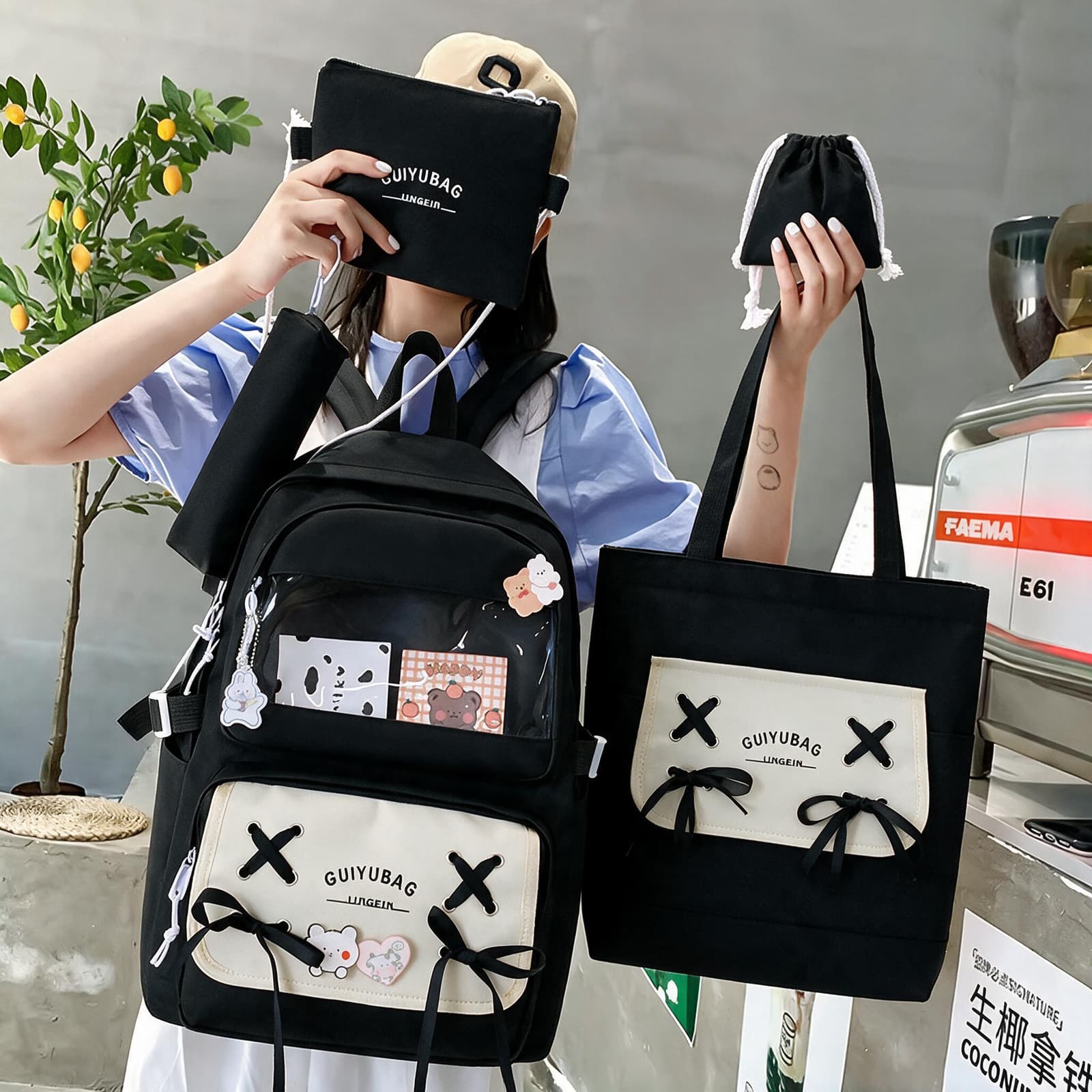 Sac à Dos Multifonctionnel Kawaii Grand Volume Imperméable et Résistant 5Pcs Noir SACKDS11N - حقيبة ظهر بعدة قطع بتصميم كاوايي - Sac à dos et Mode - صورة 2