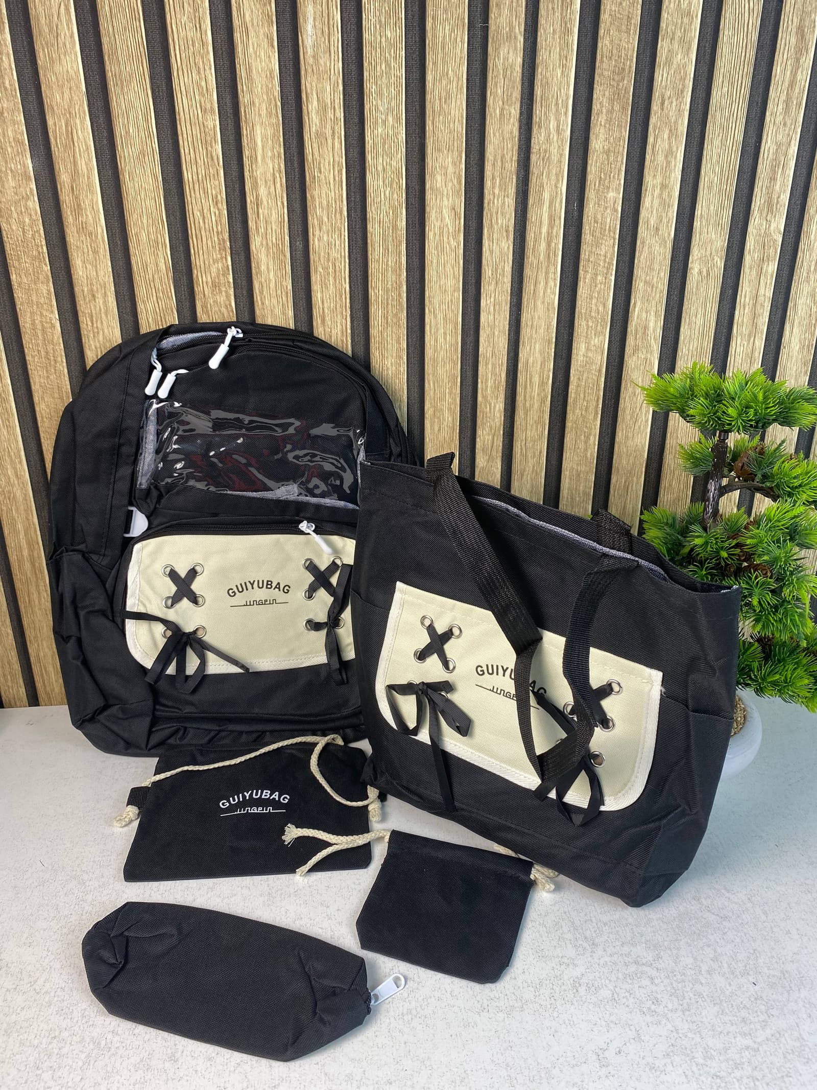 Sac à Dos Multifonctionnel Kawaii Grand Volume Imperméable et Résistant 5Pcs Noir SACKDS11N - حقيبة ظهر بعدة قطع بتصميم كاوايي - Sac à dos et Mode - صورة حقيقية 4