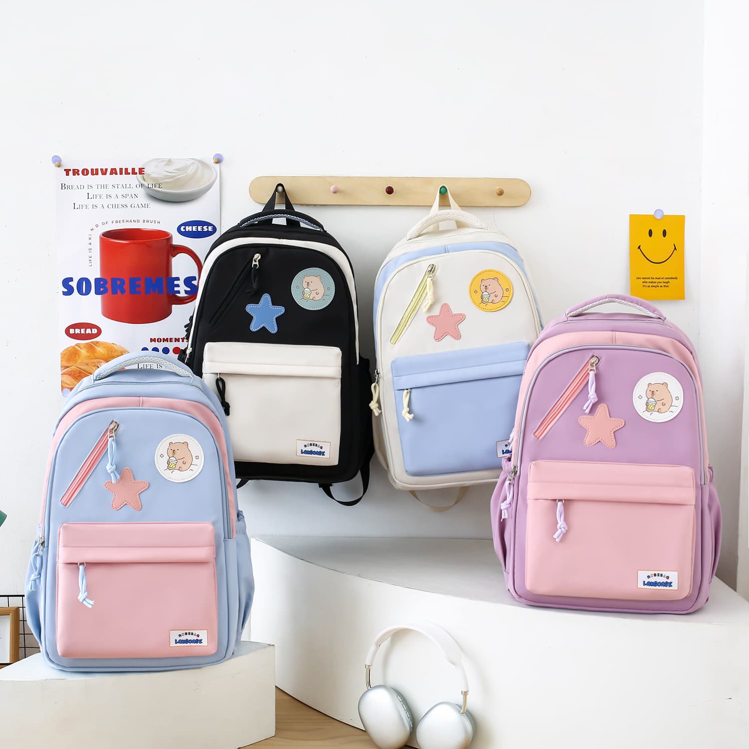Sac à Dos Multifonctionnel Kawaii Grand Volume Imperméable et Résistant 4Pcs Noir SACKDS02N - حقيبة ظهر بعدة قطع بتصميم كاوايي - Sac à dos et Mode - صورة 2