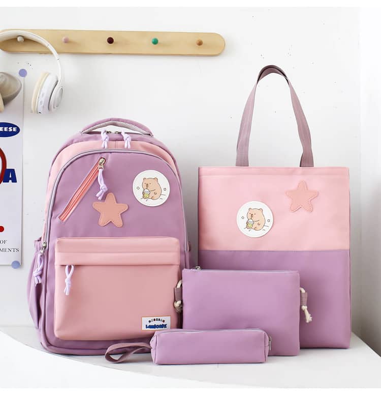 Sac à Dos Multifonctionnel Kawaii Grand Volume Imperméable et Résistant 4Pcs Mauve SACKDS02MV - حقيبة ظهر بعدة قطع بتصميم كاوايي