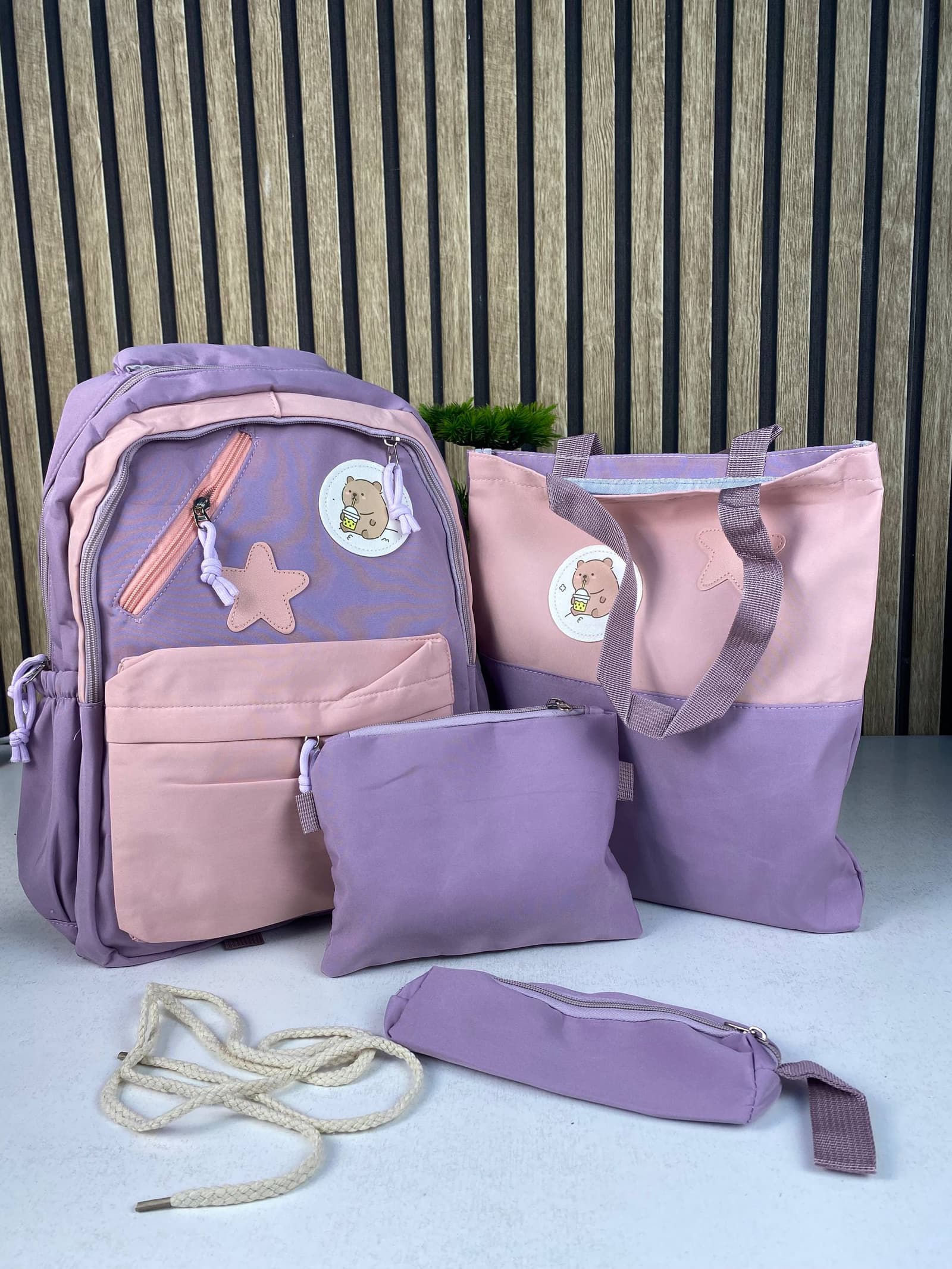 Sac à Dos Multifonctionnel Kawaii Grand Volume Imperméable et Résistant 4Pcs Mauve SACKDS02MV - حقيبة ظهر بعدة قطع بتصميم كاوايي - Sac à dos et Mode - صورة حقيقية 4
