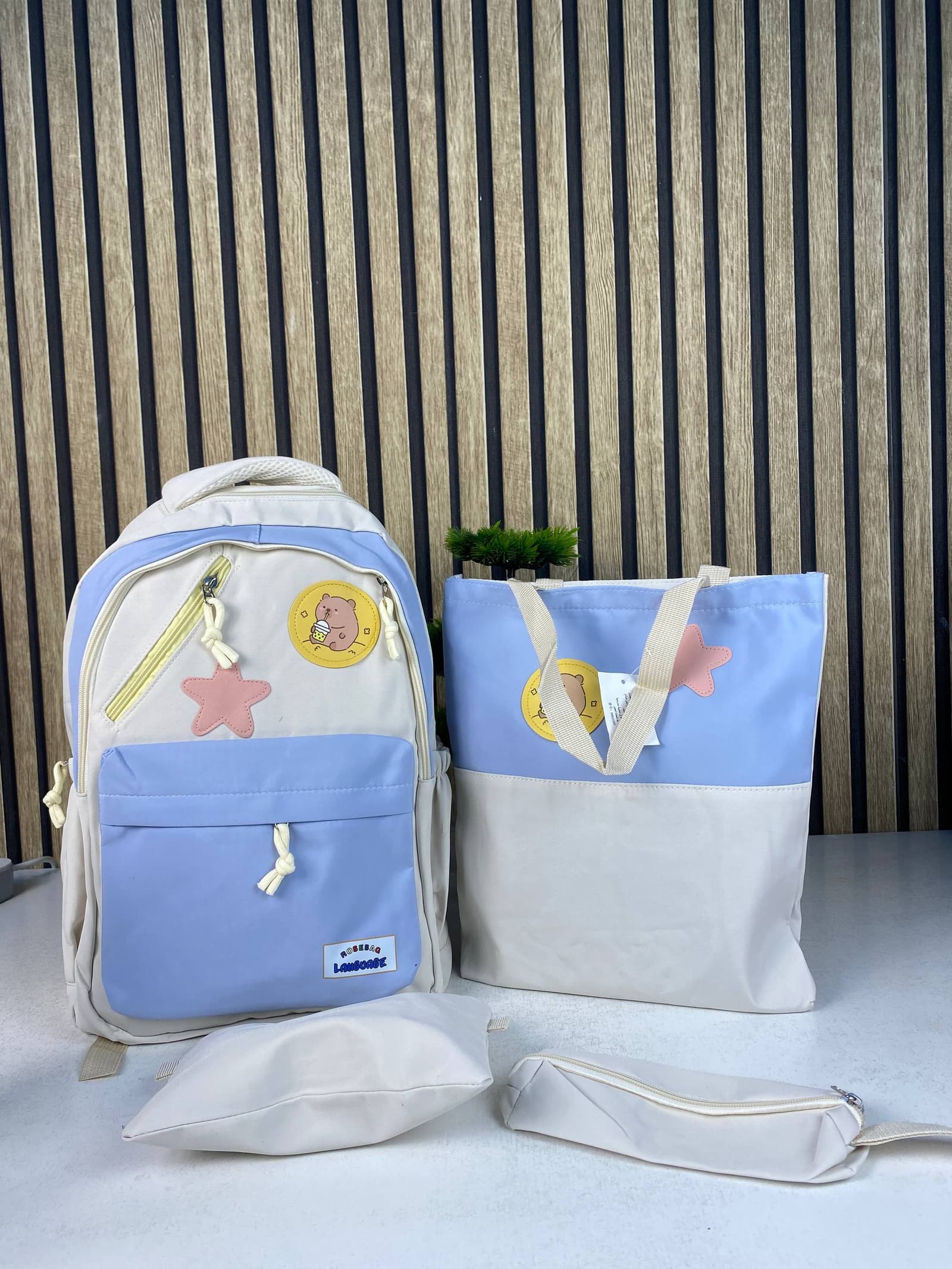 Sac à Dos Multifonctionnel Kawaii Grand Volume Imperméable et Résistant 4Pcs Bleu et Beige SACKDS02B - حقيبة ظهر بعدة قطع بتصميم كاوايي - Sac à dos et Mode - صورة حقيقية 4