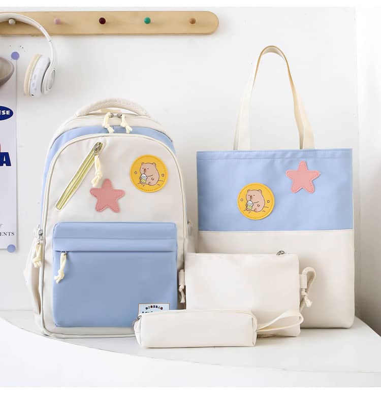 Sac à Dos Multifonctionnel Kawaii Grand Volume Imperméable et Résistant 4Pcs Bleu et Beige SACKDS02B - حقيبة ظهر بعدة قطع بتصميم كاوايي