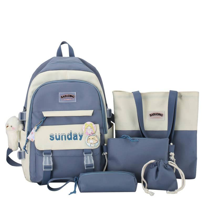 Sac à Dos Multifonctionnel Kawaii Grand Volume Imperméable et Résistant 5Pcs Bleu SACKDS14BL - حقيبة ظهر بعدة قطع بتصميم كاوايي