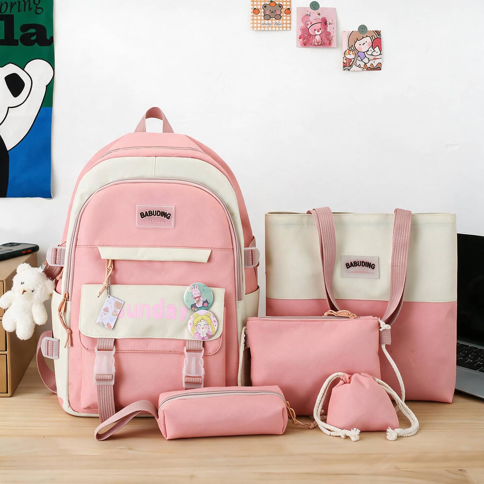 Sac à Dos Multifonctionnel Kawaii Grand Volume Imperméable et Résistant 5Pcs Rose SACKDS14RS - حقيبة ظهر بعدة قطع بتصميم كاوايي