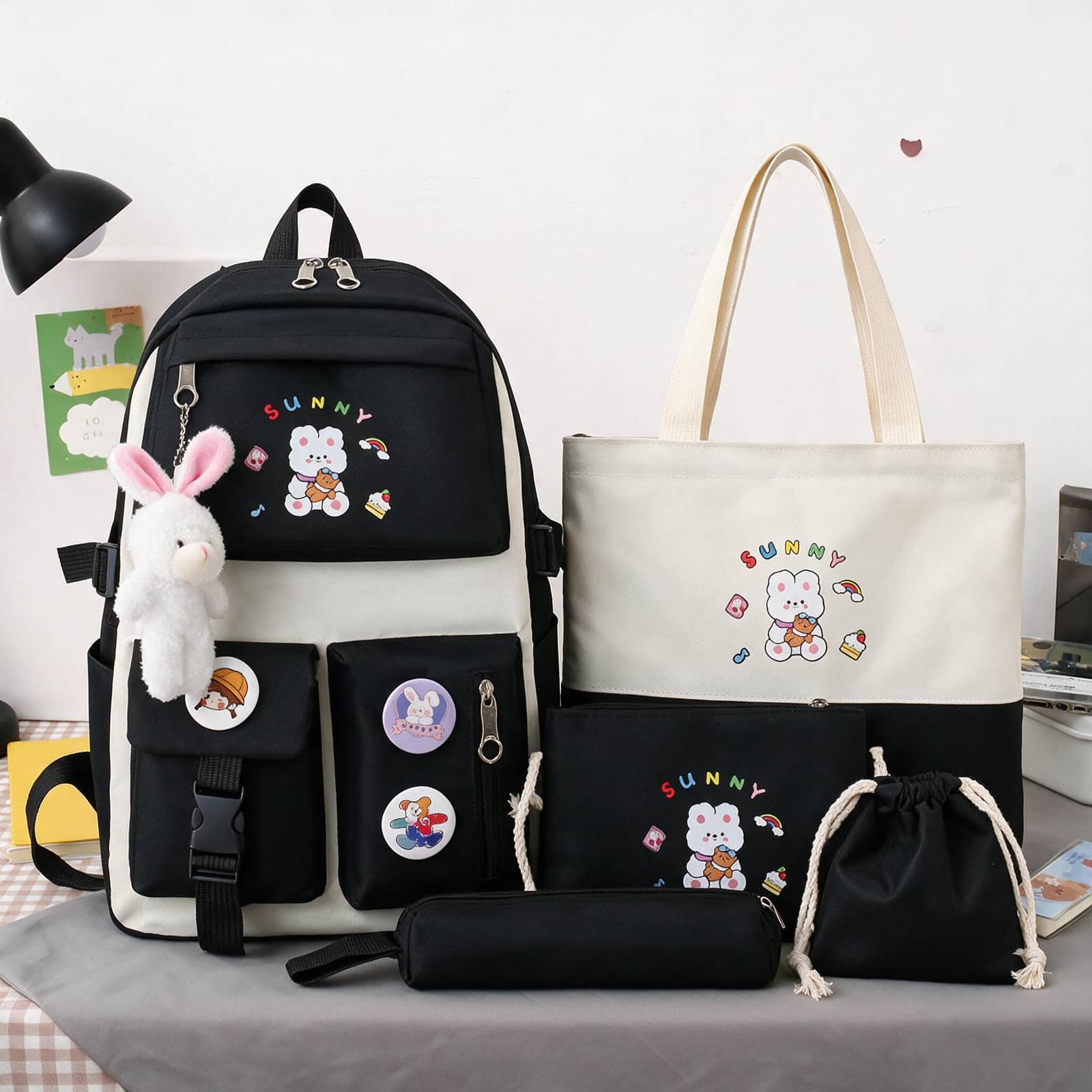 Sac à Dos Multifonctionnel Kawaii Grand Volume Imperméable et Résistant 5Pcs Noir SACKDS15N - حقيبة ظهر بعدة قطع بتصميم كاوايي