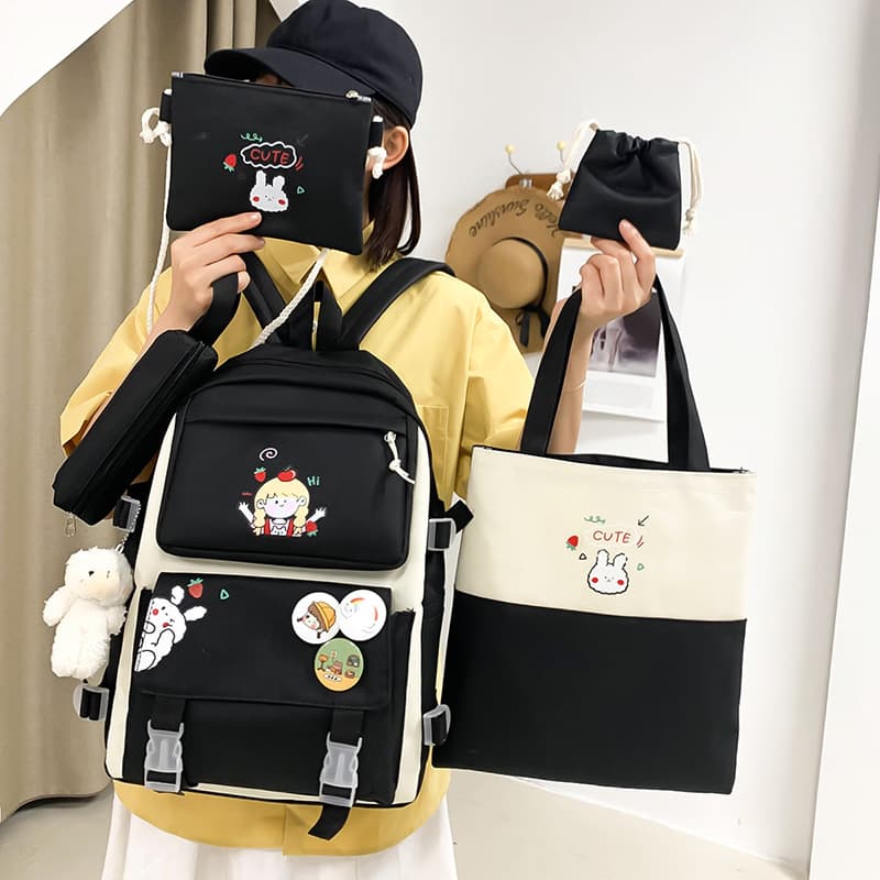 Sac à Dos Multifonctionnel Kawaii Grand Volume Imperméable et Résistant 5Pcs Noir SACKDS15N - حقيبة ظهر بعدة قطع بتصميم كاوايي - Sac à dos et Mode - صورة 3