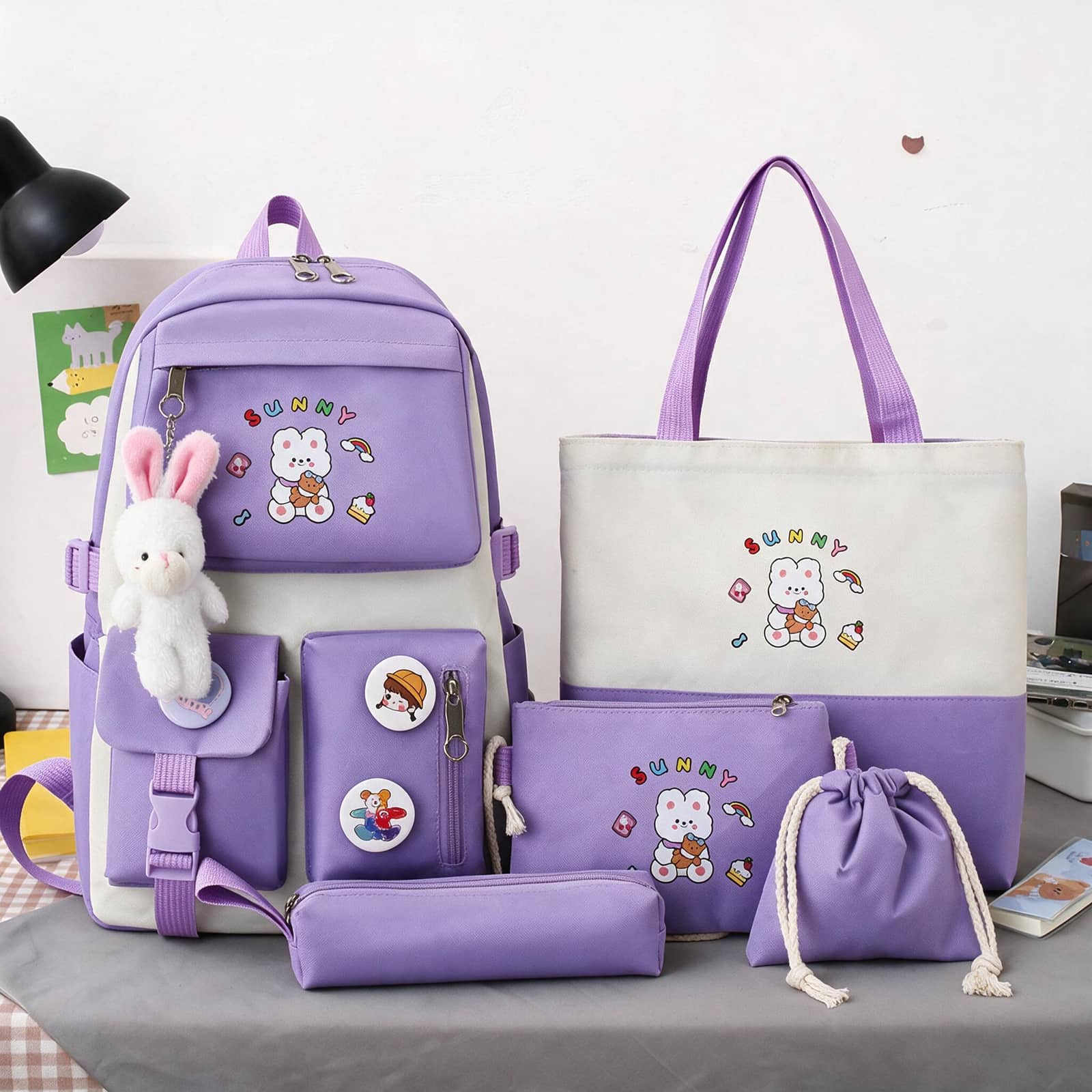 Sac à Dos Multifonctionnel Kawaii Grand Volume Imperméable et Résistant 5Pcs Mauve SACKDS15MV - حقيبة ظهر بعدة قطع بتصميم كاوايي