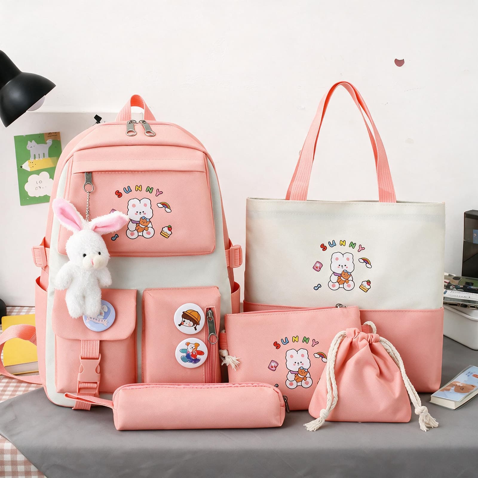 Sac à Dos Multifonctionnel Kawaii Grand Volume Imperméable et Résistant 5Pcs Rose SACKDS15RS - حقيبة ظهر بعدة قطع بتصميم كاوايي - Sac à dos et Mode - صورة 1