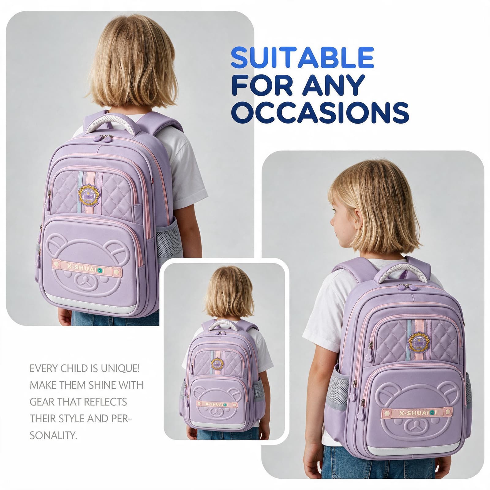 Sac à Dos Scolaire Style Kawaii Grand Volume Tissu Imperméable Mauve SACKDS18MV - حقيبة مدرسية بتصميم كاوايي - Sac à dos et Mode - صورة 2