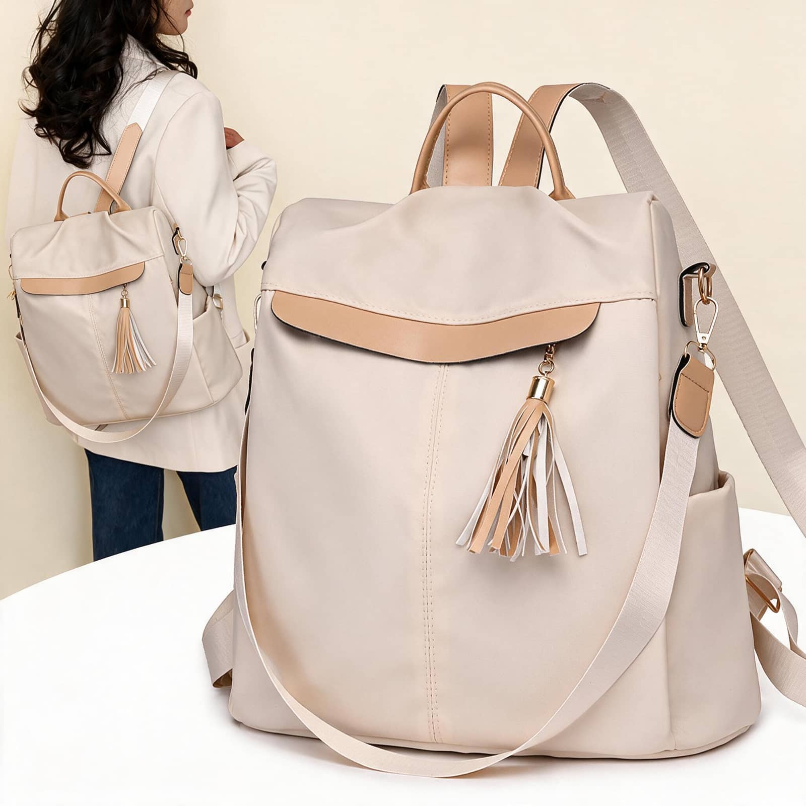 Sac à Dos Femme Élégant et Tendance Style Chic Couleur Beige SACKDS26BG - حقيبة ظهر نسائية عصرية بتصميم أنيق متعددة الاستخدامات