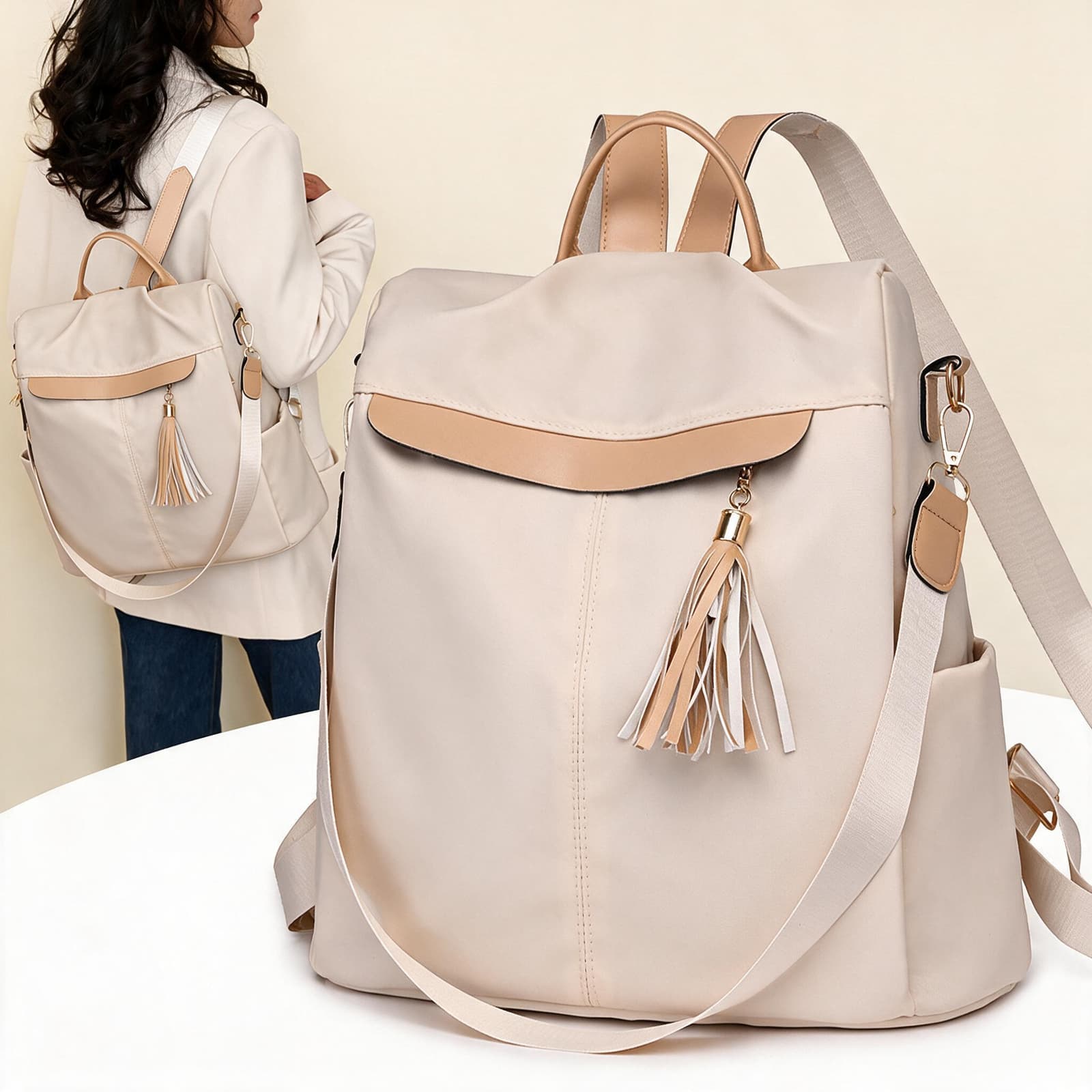 Sac à Dos Femme Élégant et Tendance Style Chic Couleur Beige SACKDS26BG - حقيبة ظهر نسائية عصرية بتصميم أنيق متعددة الاستخدامات - Sac à dos et Mode - صورة 1