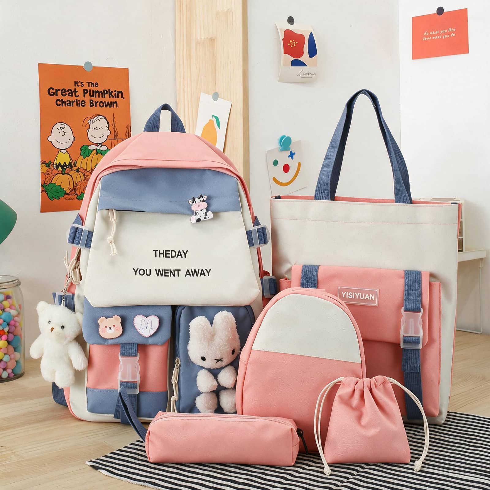 Sac à Dos Multifonctionnel Kawaii Grand Volume Imperméable et Résistant 5Pcs Rose SACKDS25RS - حقيبة ظهر بعدة قطع بتصميم كاوايي