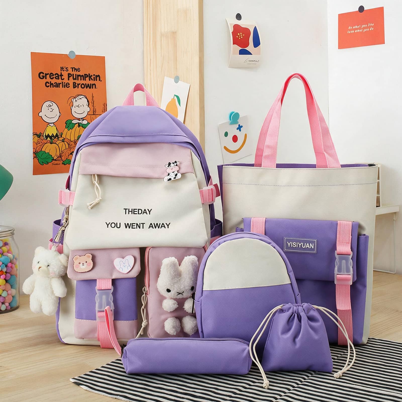 Sac à Dos Multifonctionnel Kawaii Grand Volume Imperméable et Résistant 5Pcs Mauve SACKDS25MV - حقيبة ظهر بعدة قطع بتصميم كاوايي