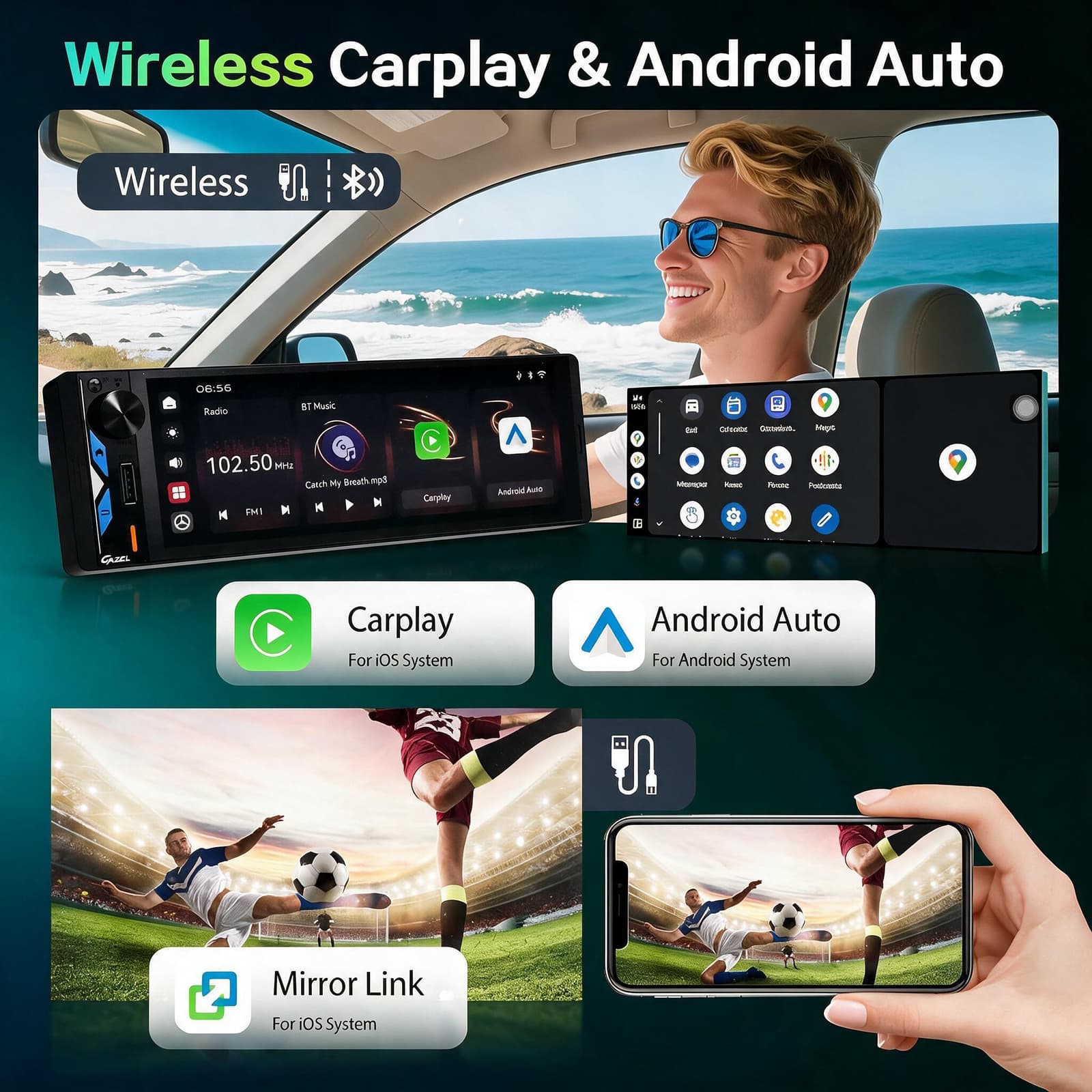 Gazel Autoradio 1Din Écran Tactile 5" IPS - Apple CarPlay et Android Auto Sans Fil Charge Rapide Type-C - راديو سيارة ذكي بشاشة لمس 5 بوصة تدعم و لاسلكيًا - Accessoires Auto/Moto - صورة 3