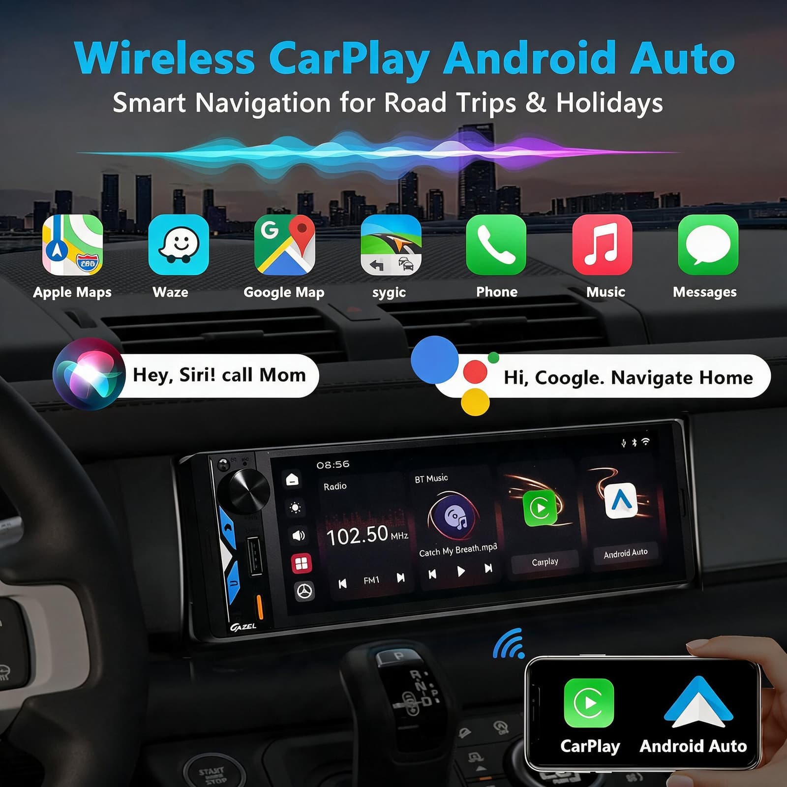 Gazel Autoradio 1Din Écran Tactile 5" IPS - Apple CarPlay et Android Auto Sans Fil Charge Rapide Type-C - راديو سيارة ذكي بشاشة لمس 5 بوصة تدعم و لاسلكيًا - Accessoires Auto/Moto - صورة 4