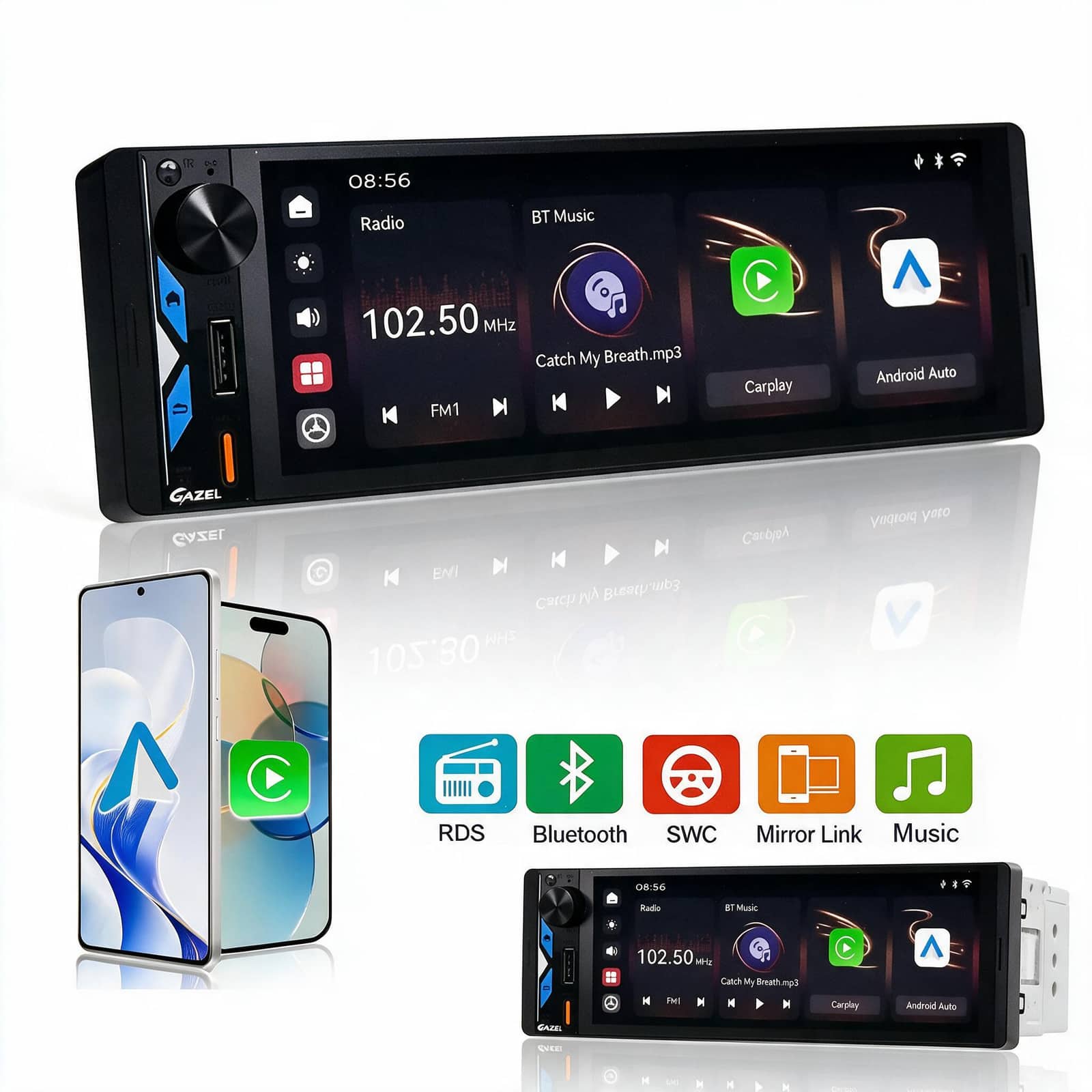 Gazel Autoradio 1Din Écran Tactile 5" IPS - Apple CarPlay et Android Auto Sans Fil Charge Rapide Type-C - راديو سيارة ذكي بشاشة لمس 5 بوصة تدعم و لاسلكيًا