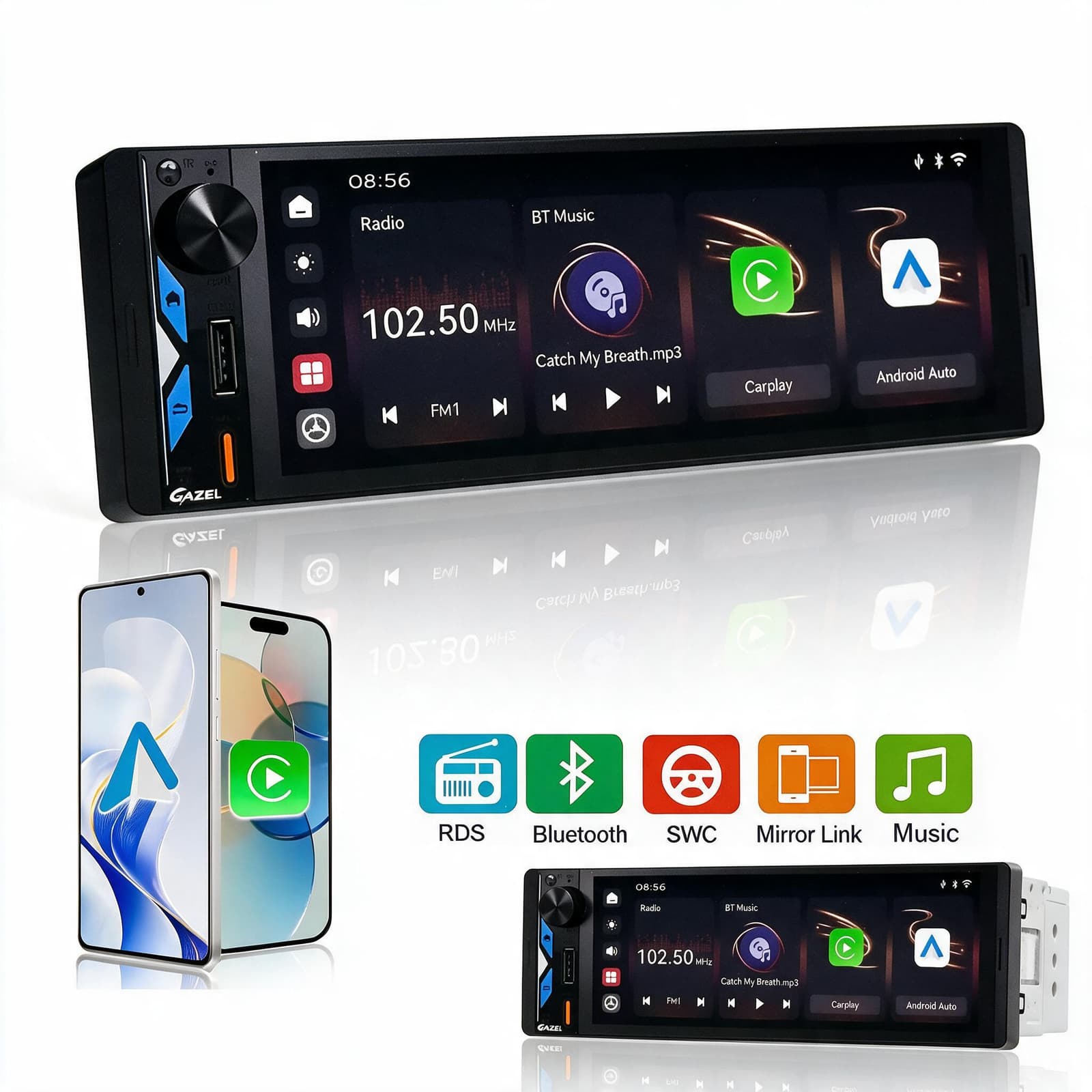 Gazel Autoradio 1Din Écran Tactile 5" IPS - Apple CarPlay et Android Auto Sans Fil Charge Rapide Type-C - راديو سيارة ذكي بشاشة لمس 5 بوصة تدعم و لاسلكيًا - Accessoires Auto/Moto - صورة 1