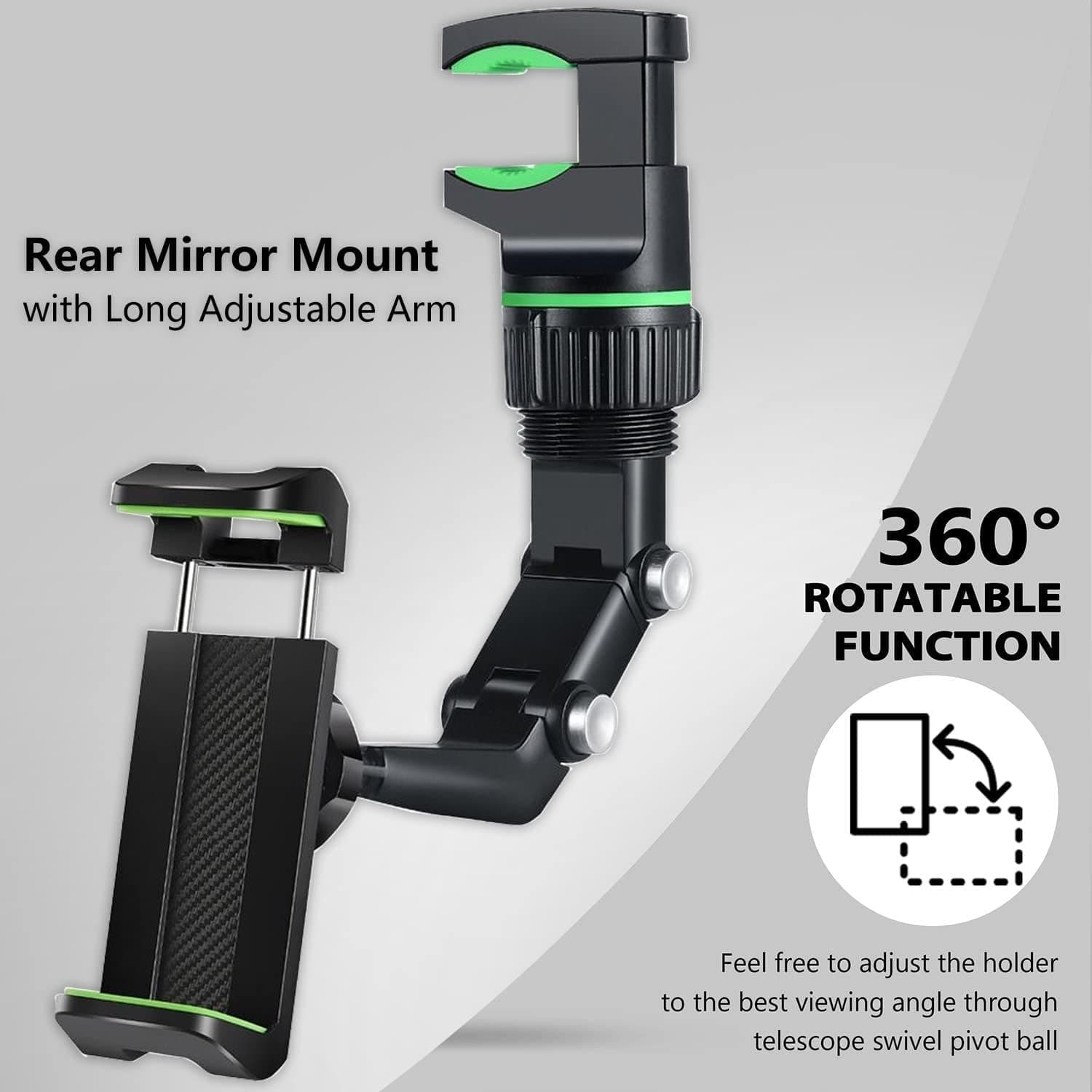 Support Téléphone Voiture pour Rétroviseur Rotation 360°, Bras Long Ajustable - حامل هاتف لمرآة الرؤية الخلفية للسيارة مع دوران 360° وذراع قابل للتعديل - Accessoires Auto/Moto - صورة 2