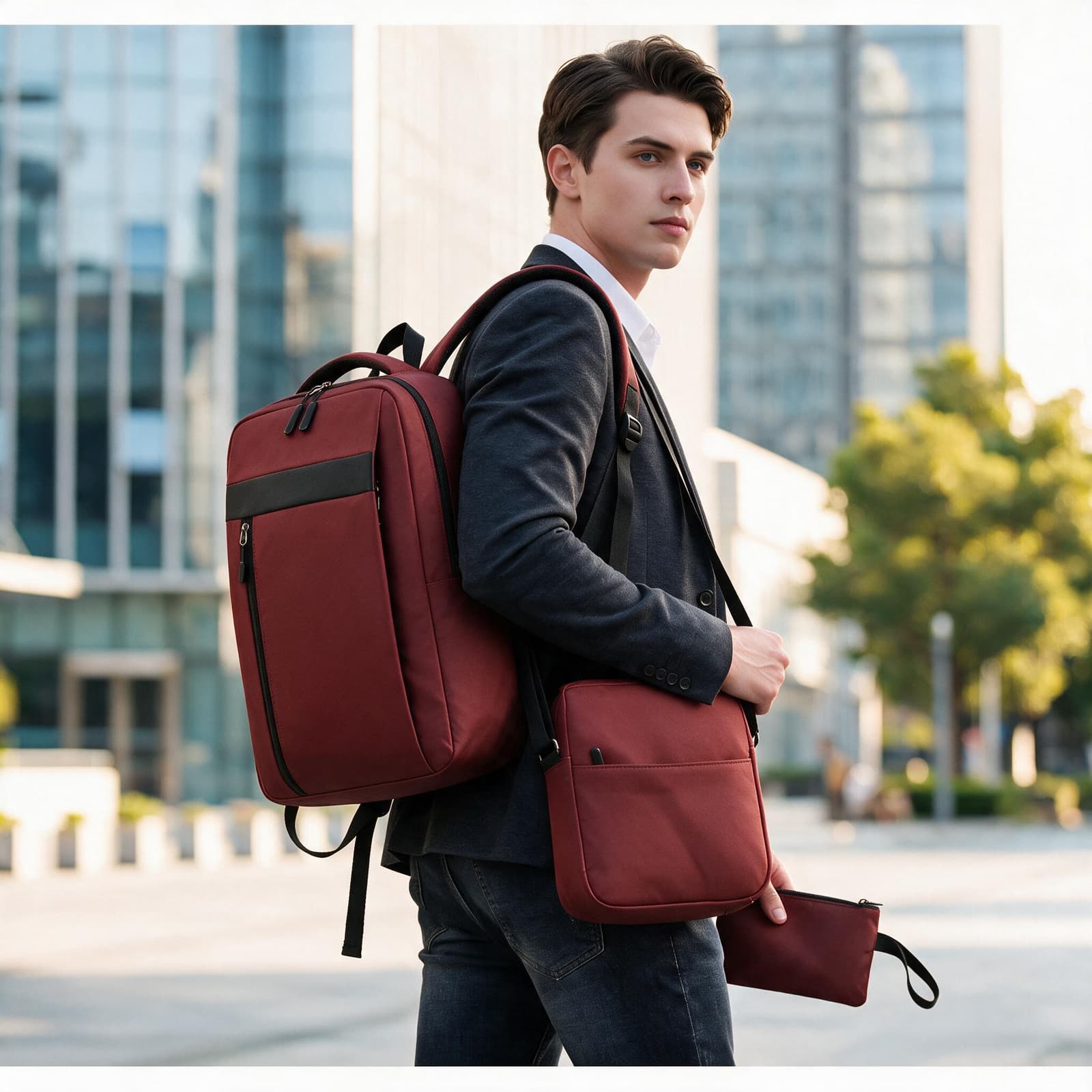 Ensemble 3 PCS sac a dos Élégant et Imperméable pour Homme Avec Port USB Grenat Mat-02 - طقم حقائب رجالية أنيقة 3 في 1 مع منفذ شحن - Sac à dos et Mode - صورة 3