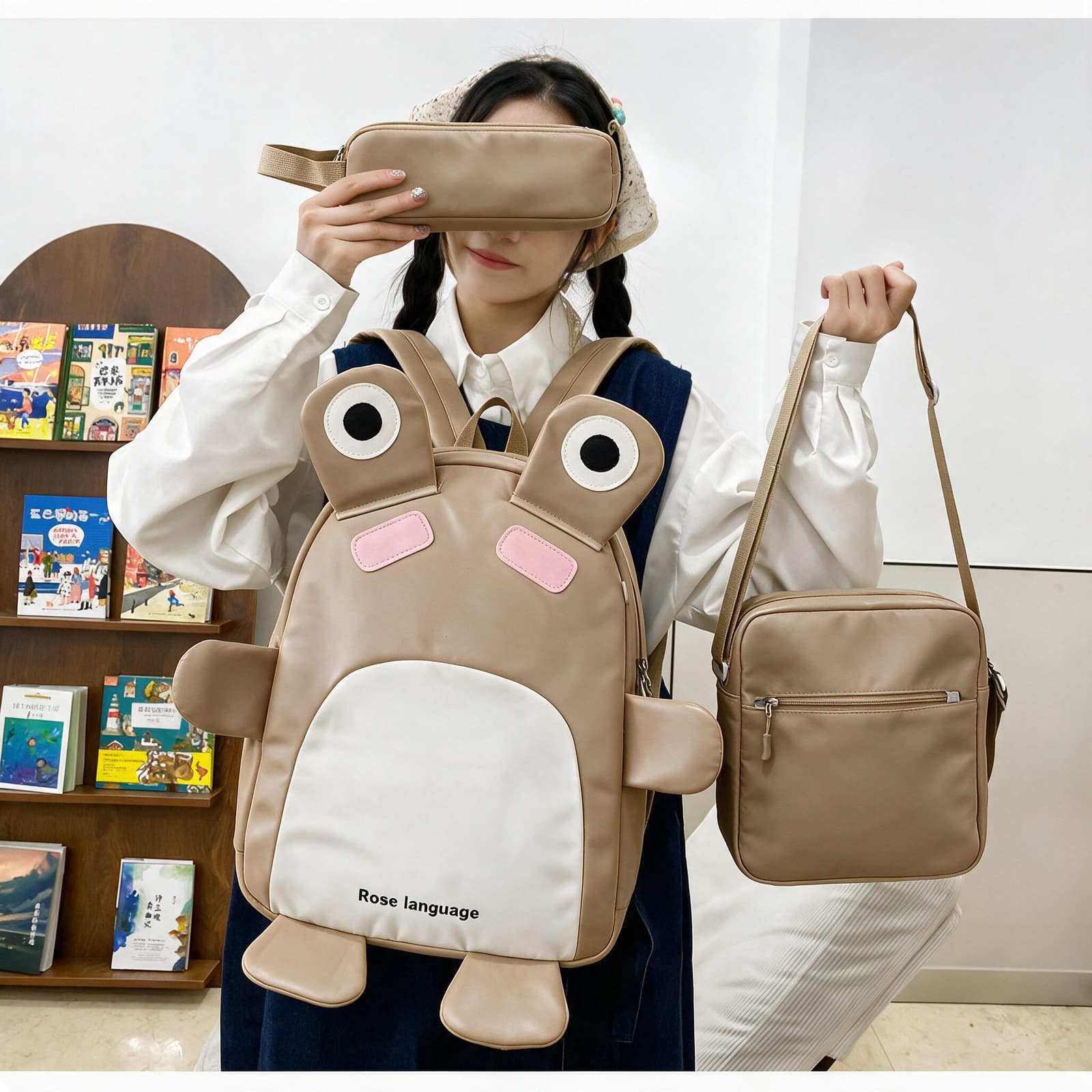 Sac à Dos Scolaires Enfant 3 en 1 Motif Grenouille Rose Language Style Dos Kawaii Marron SACKDS32MR - طقم حقائب مدرسية للأطفال 3 في 1 بتصميم الضفدع اللطيف - Sac à dos et Mode - صورة 2