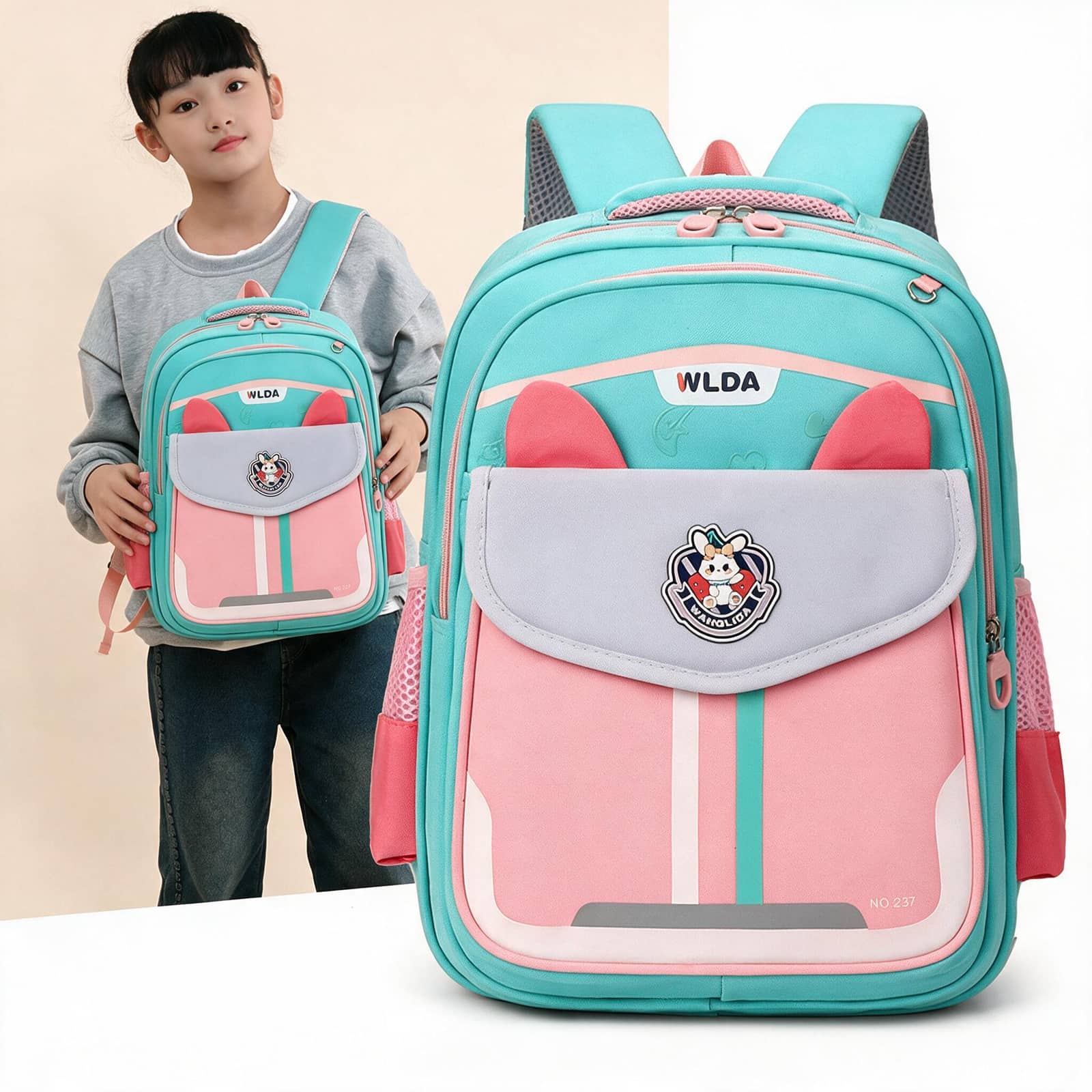 Sac à Dos Scolaire Enfant Design Oreilles Ergonomique Tissu Imperméable pour Primaire Bleu et Rose SACKDS30BRS - حقيبة ظهر مدرسية للأطفال