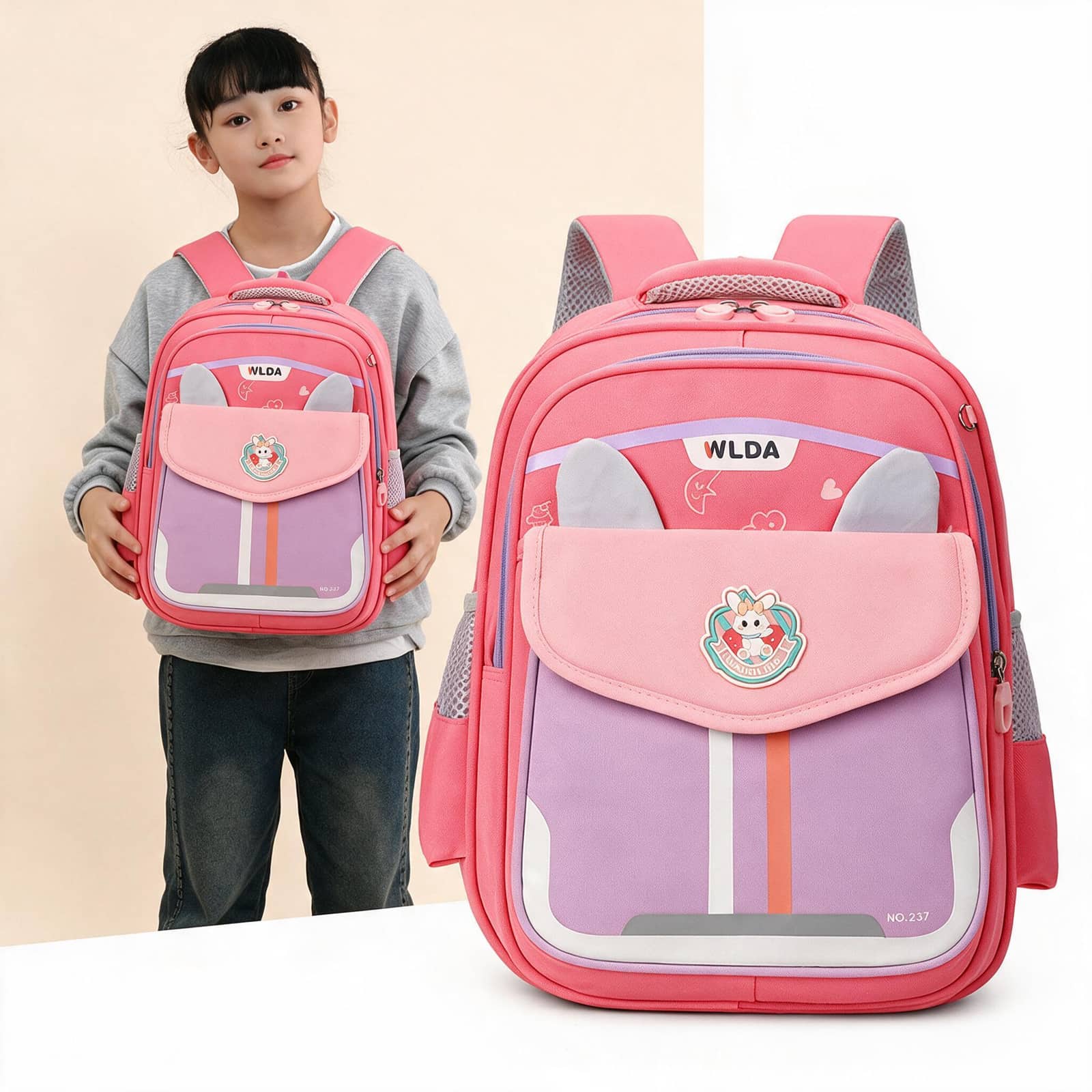 Sac à Dos Scolaire Enfant Design Oreilles Ergonomique Tissu Imperméable pour Primaire Rose SACKDS30RS - حقيبة ظهر مدرسية للأطفال