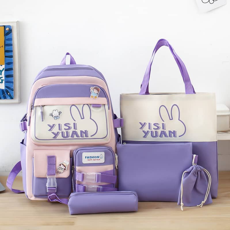 Sac à Dos Multifonctionnel Kawaii Grand Volume Imperméable et Résistant 5Pcs Mauve SACKDS29MV - حقيبة ظهر بعدة قطع بتصميم كاوايي
