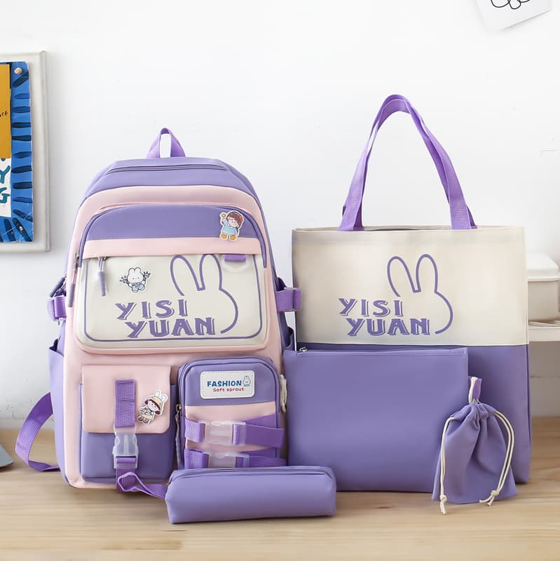 Sac à Dos Multifonctionnel Kawaii Grand Volume Imperméable et Résistant 5Pcs Mauve SACKDS29MV - حقيبة ظهر بعدة قطع بتصميم كاوايي - Sac à dos et Mode - صورة 1