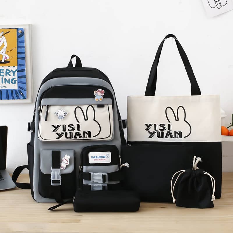 Sac à Dos Multifonctionnel Kawaii Grand Volume Imperméable et Résistant 5Pcs Noir et Gris SACKDS29NGR - حقيبة ظهر بعدة قطع بتصميم كاوايي
