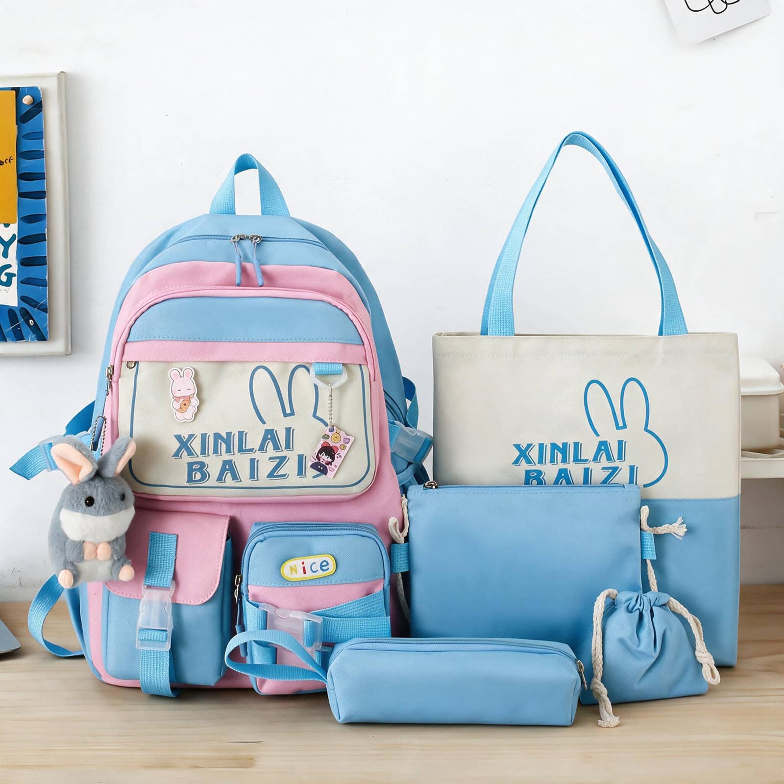 Sac à Dos Multifonctionnel Kawaii Grand Volume Imperméable et Résistant 5Pcs Bleu et Rose SACKDS29BRS - حقيبة ظهر بعدة قطع بتصميم كاوايي