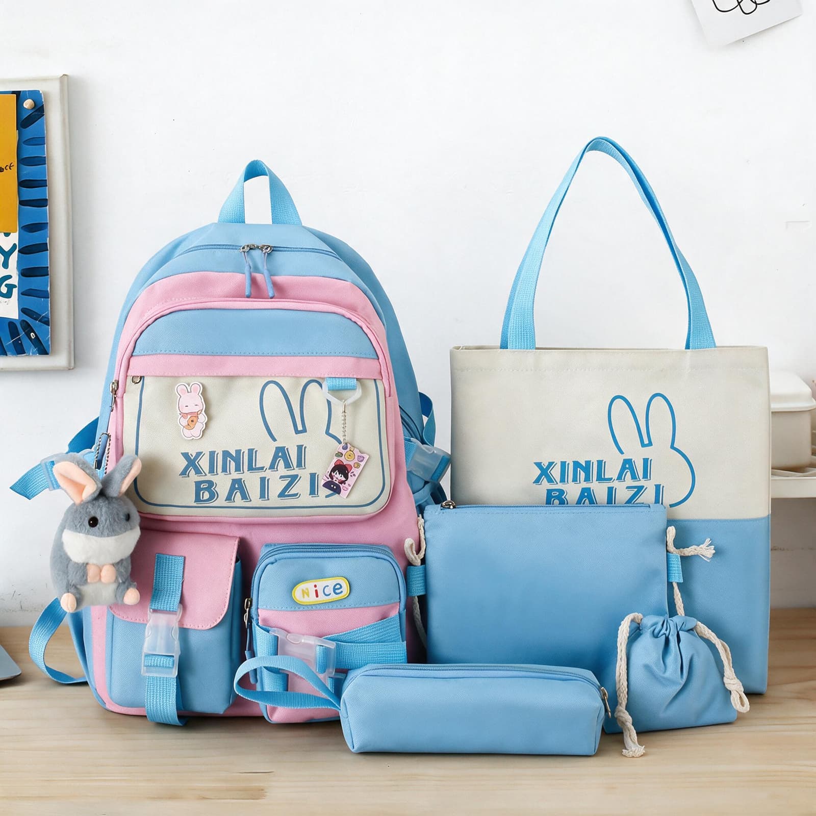 Sac à Dos Multifonctionnel Kawaii Grand Volume Imperméable et Résistant 5Pcs Bleu et Rose SACKDS29BRS - حقيبة ظهر بعدة قطع بتصميم كاوايي - Sac à dos et Mode - صورة 1
