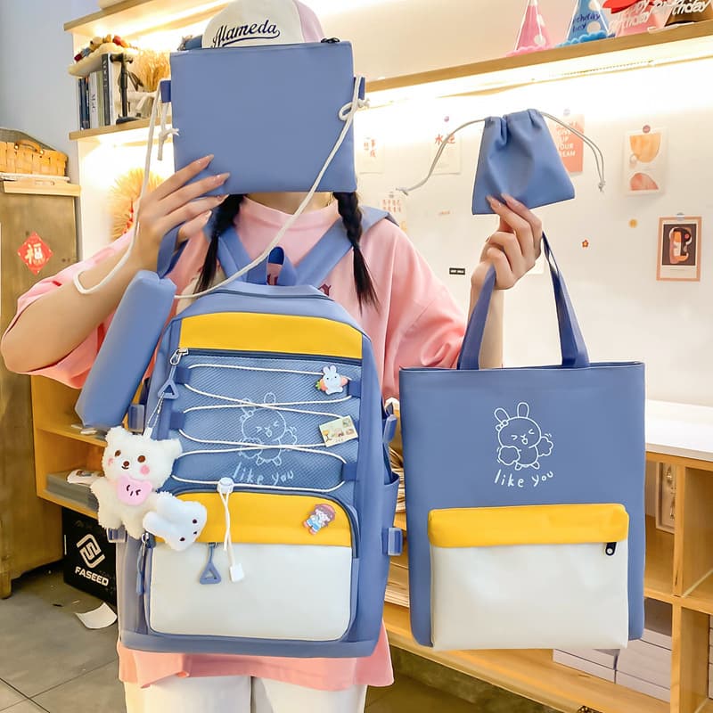 Sac à Dos Multifonctionnel Kawaii Grand Volume Imperméable et Résistant 5Pcs Bleu SACKDS33BL - حقيبة ظهر بعدة قطع بتصميم كاوايي - Sac à dos et Mode - صورة 3