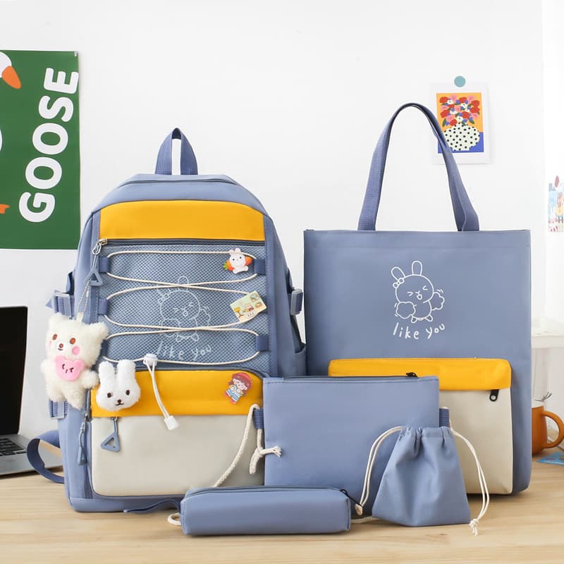 Sac à Dos Multifonctionnel Kawaii Grand Volume Imperméable et Résistant 5Pcs Bleu SACKDS33BL - حقيبة ظهر بعدة قطع بتصميم كاوايي - Sac à dos et Mode - صورة 1